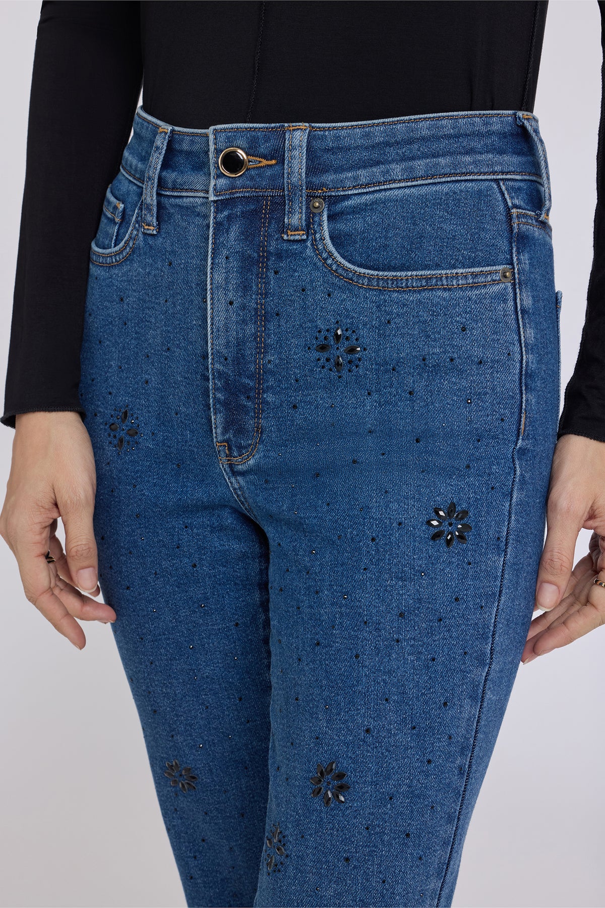 NYDJ Marilyn Straight Jeans With High Rise, Floral Stone Detail And 31" Inseam - Hosta