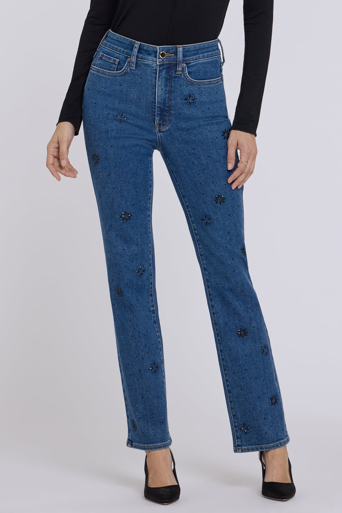 NYDJ Marilyn Straight Jeans With High Rise, Floral Stone Detail And 31" Inseam - Hosta