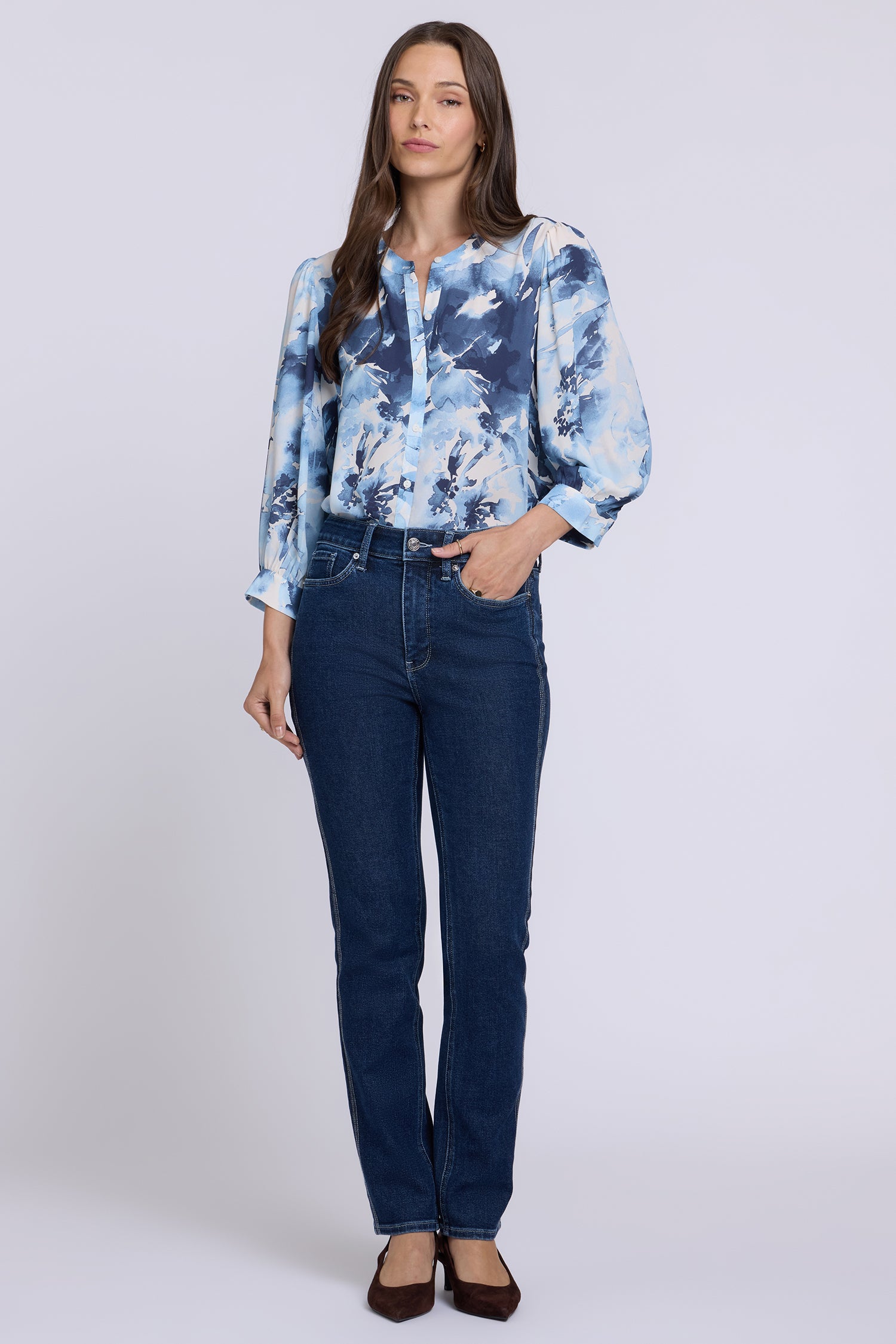 NYDJ Sheri Slim Straight Jeans With High Rise And Trapunto Stitching - Dark Stone