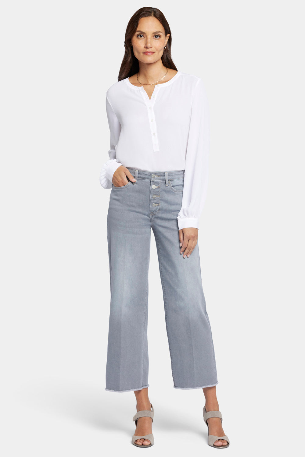 NYDJ Teresa Wide Leg Ankle Jeans With High Rise And Frayed Hems - Rock Sand