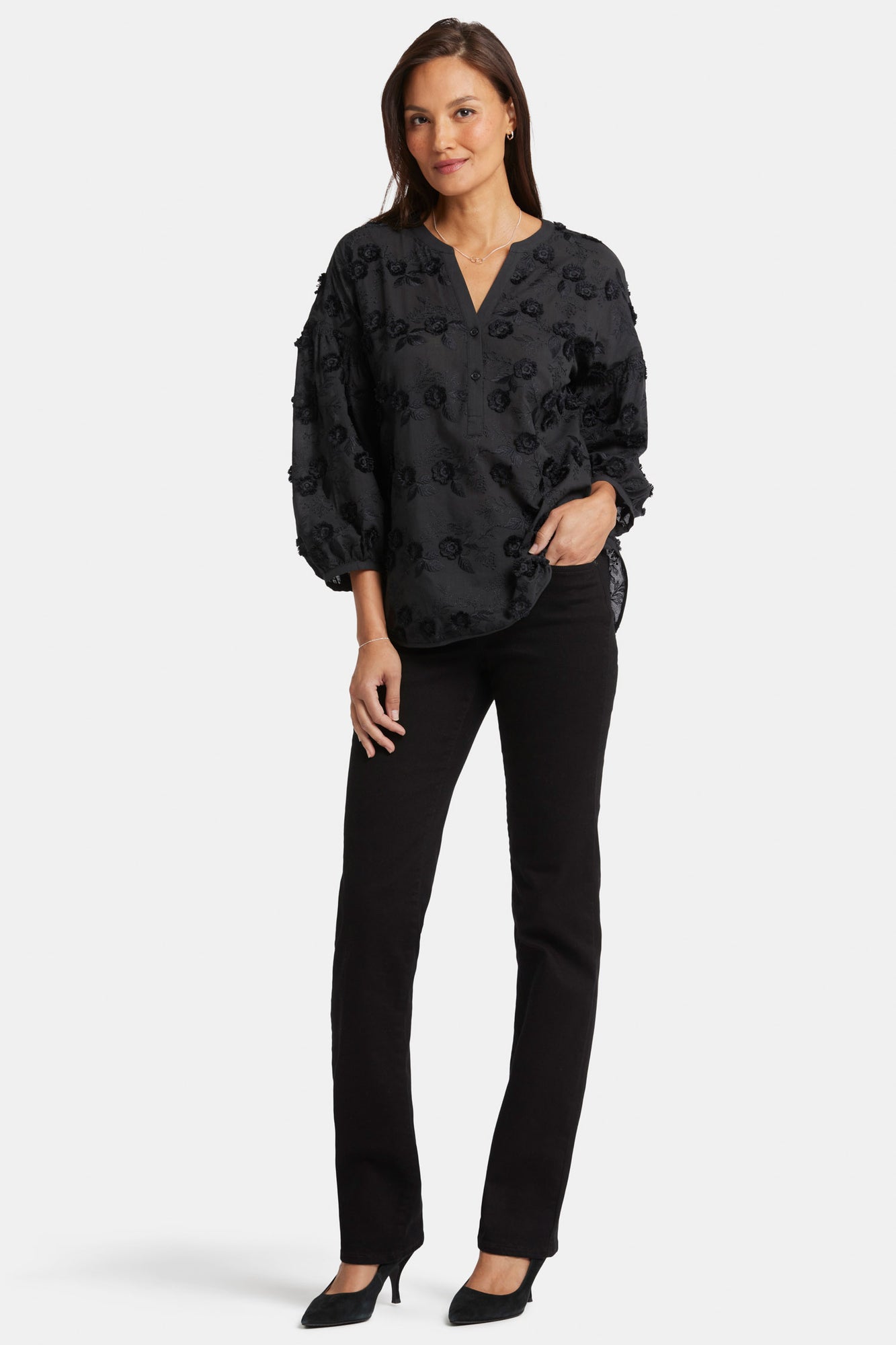 NYDJ Paulina Peasant Blouse  - Black