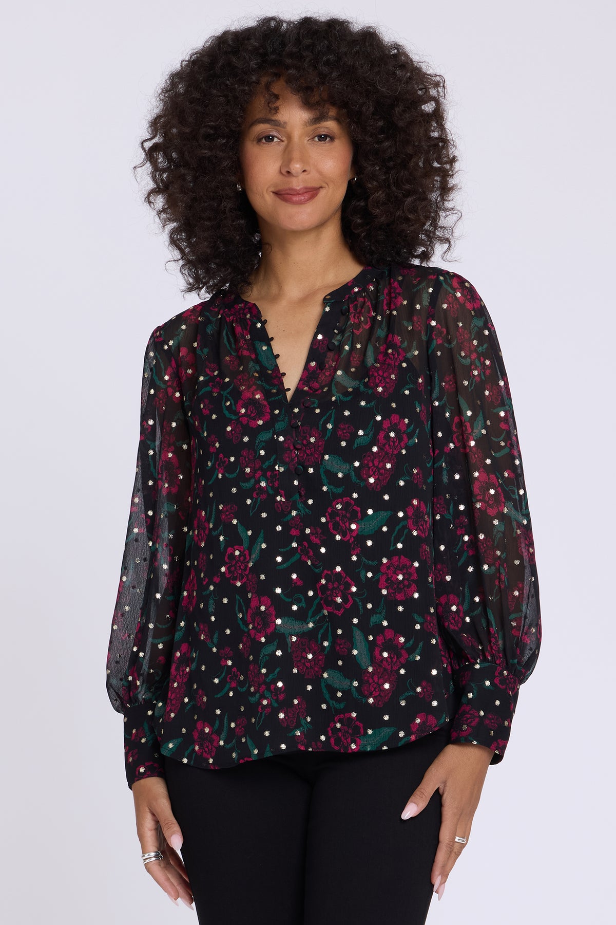 NYDJ Annie Blouse In Metallic Jacquard Chiffon - Floral Park Jazzy