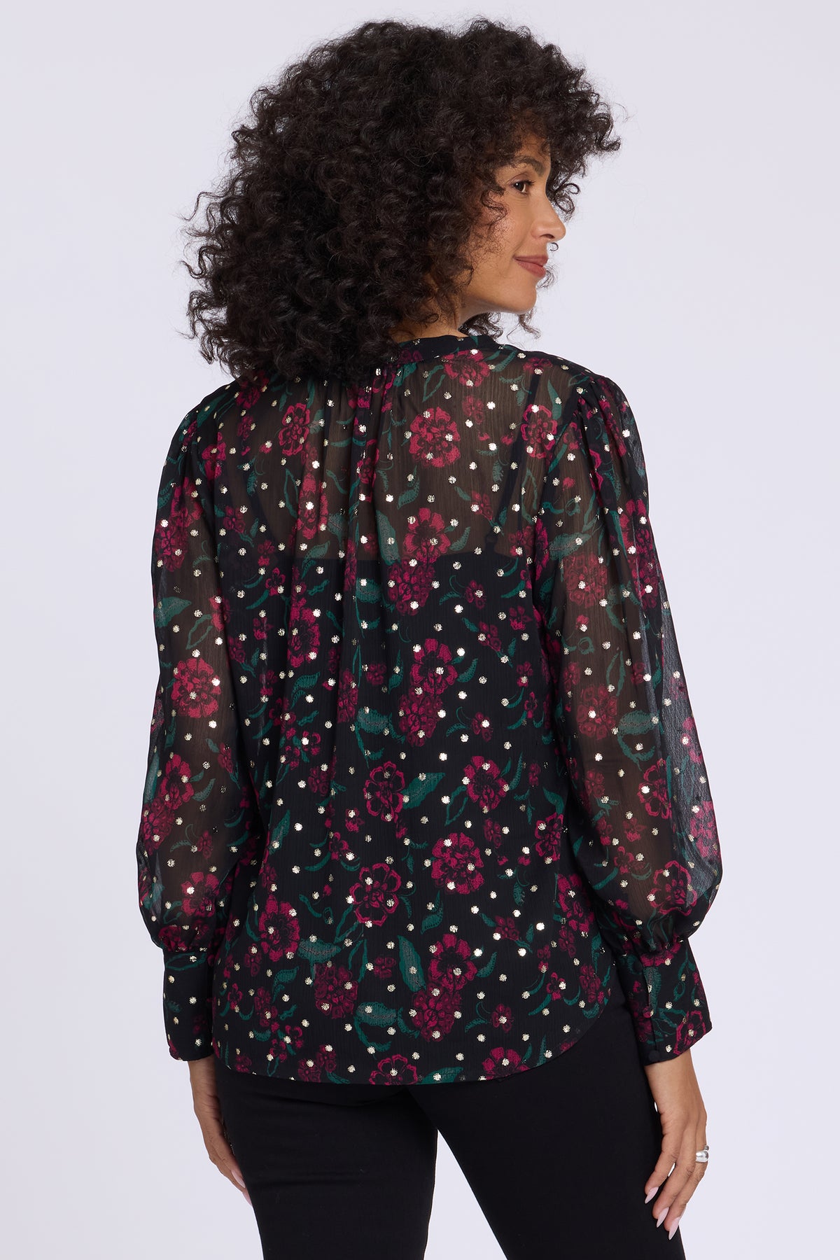 NYDJ Annie Blouse In Metallic Jacquard Chiffon - Floral Park Jazzy