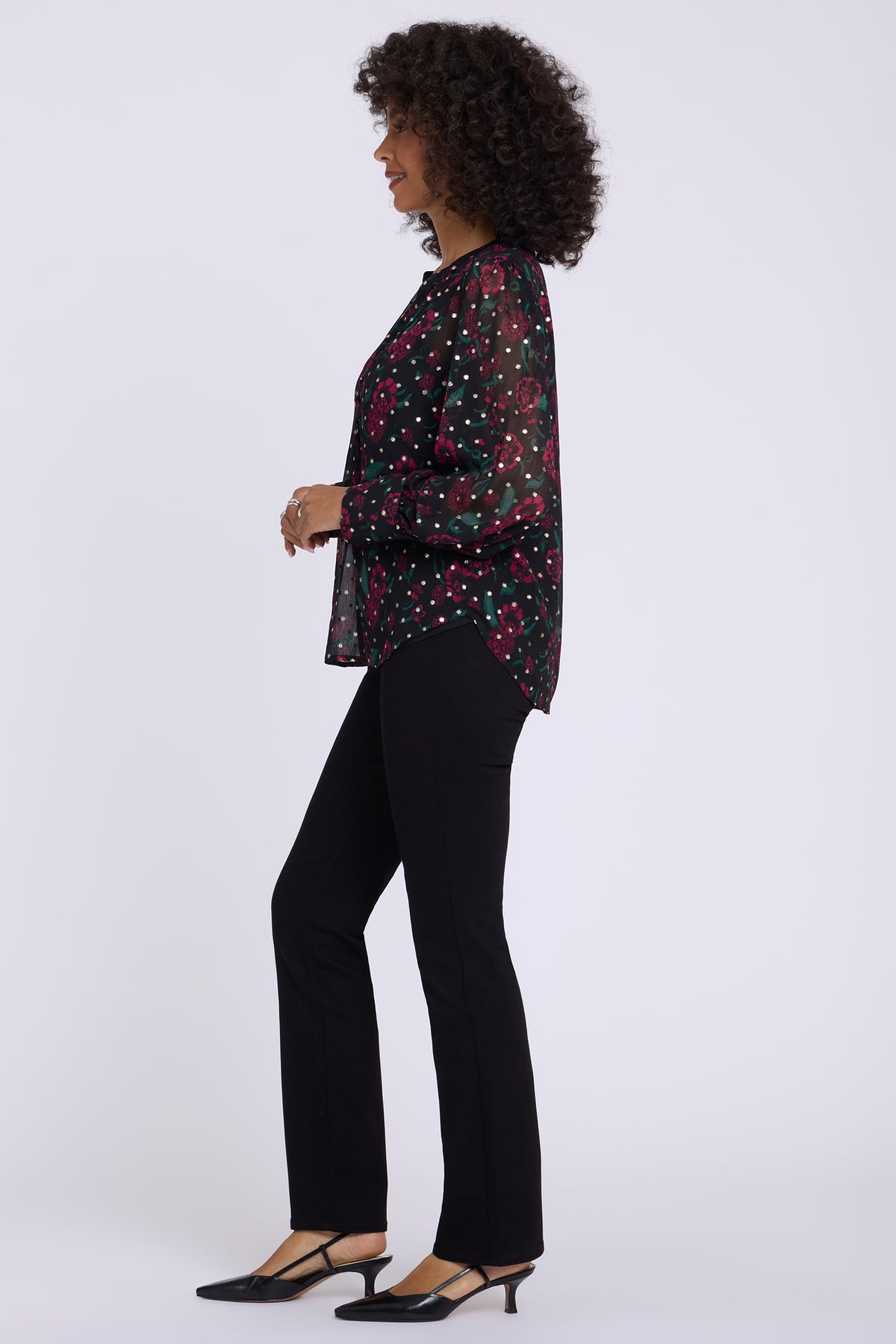 NYDJ Annie Blouse In Metallic Jacquard Chiffon - Floral Park Jazzy