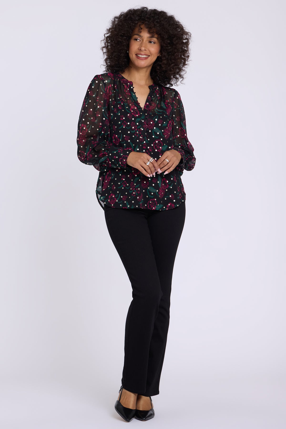 NYDJ Annie Blouse In Metallic Jacquard Chiffon - Floral Park Jazzy