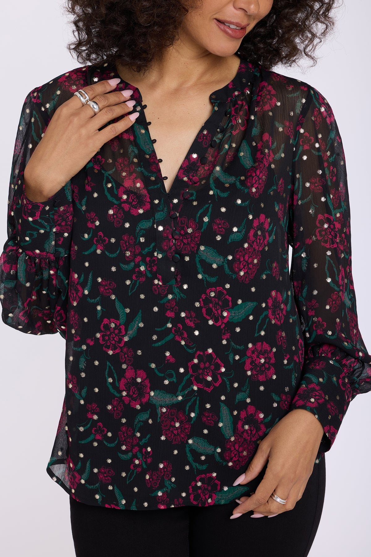 NYDJ Annie Blouse In Metallic Jacquard Chiffon - Floral Park Jazzy