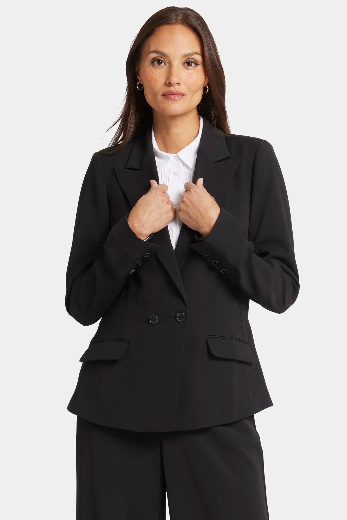 Black Crepe Modern Blazer Jacket - Front View, Double-Breasted | NYDJ Apparel