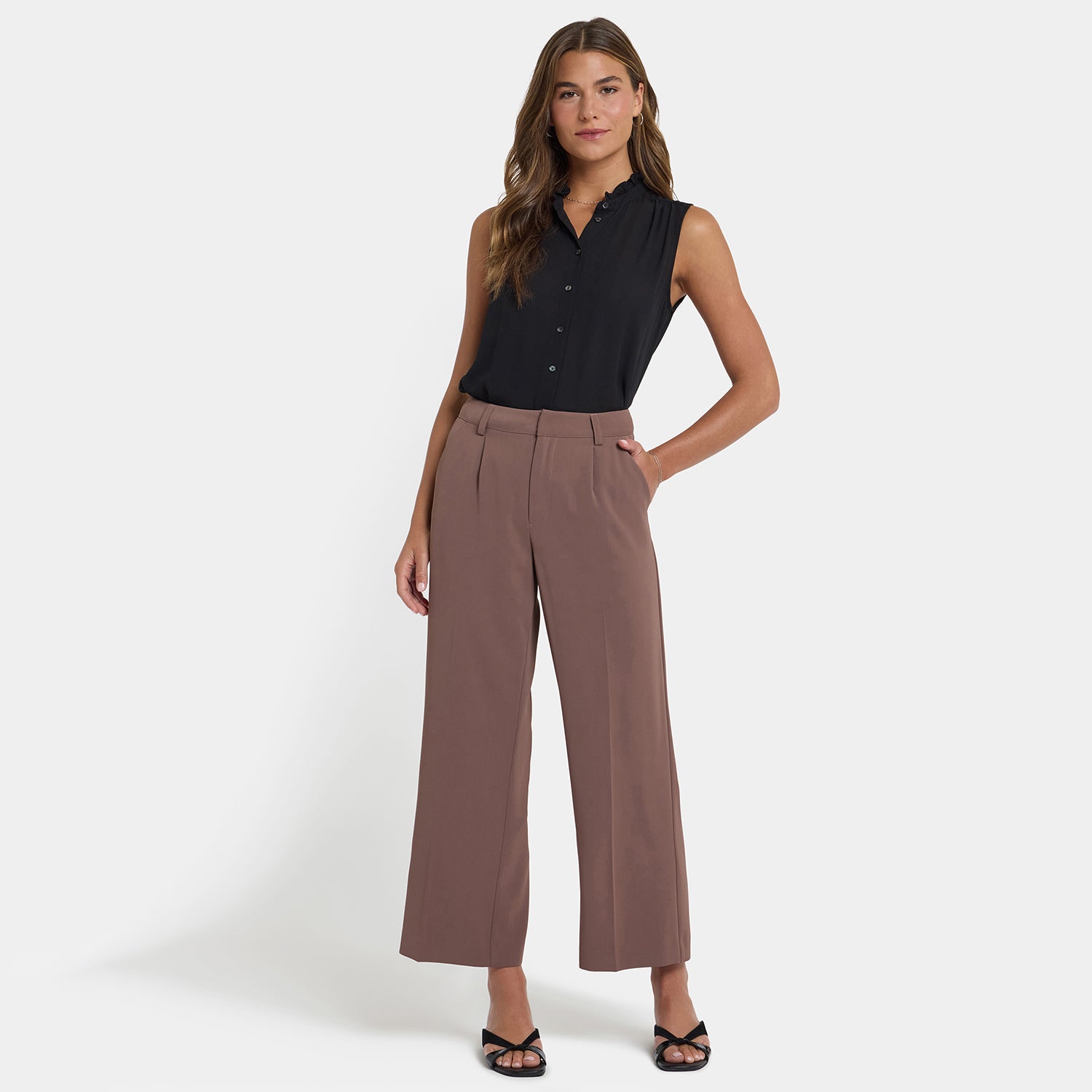 Wide Leg Ankle Trouser Pants With High Rise - Deep Taupe Tan | NYDJ