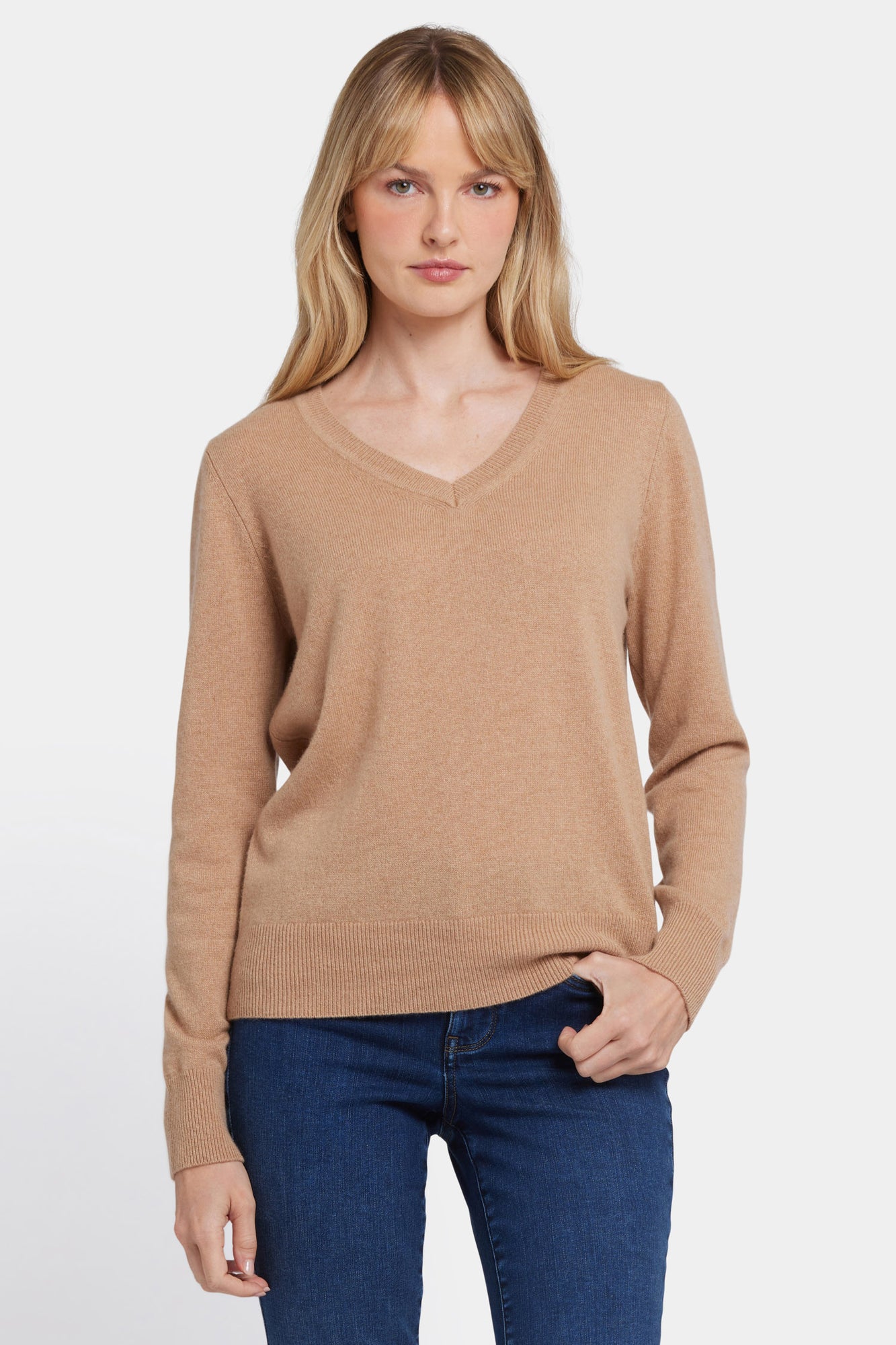 NYDJ Cashmere Classic V-Neck Sweater  - Tan