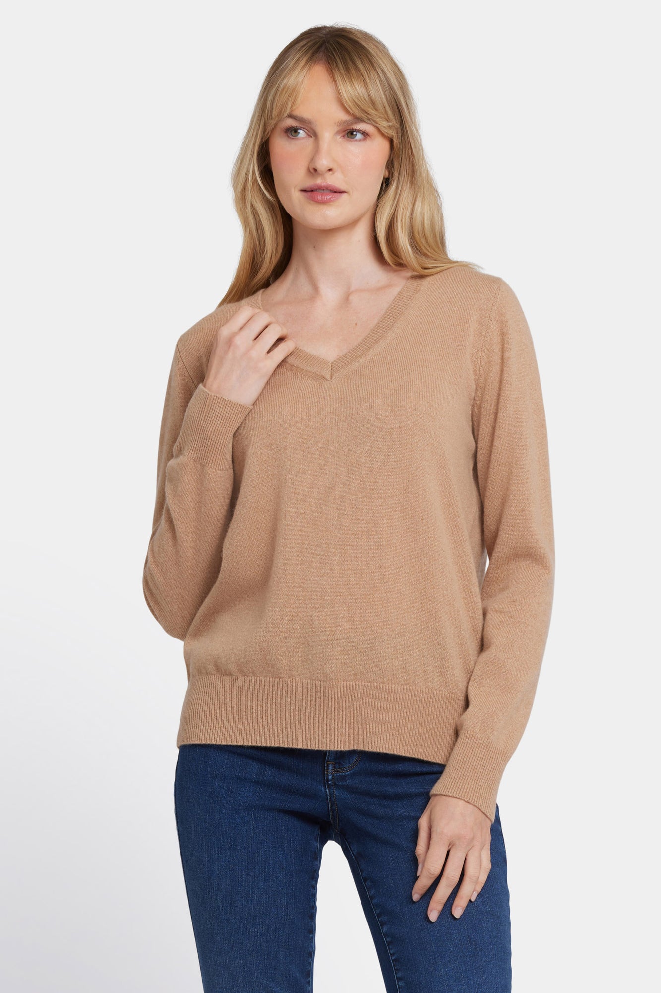 NYDJ Cashmere Classic V-Neck Sweater  - Tan