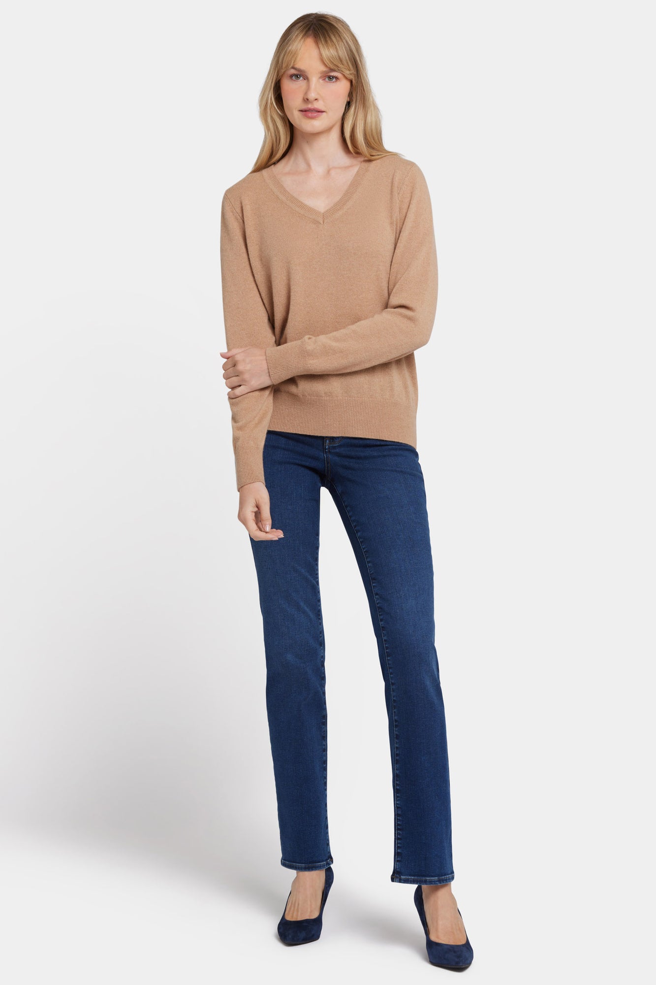 NYDJ Cashmere Classic V-Neck Sweater  - Tan