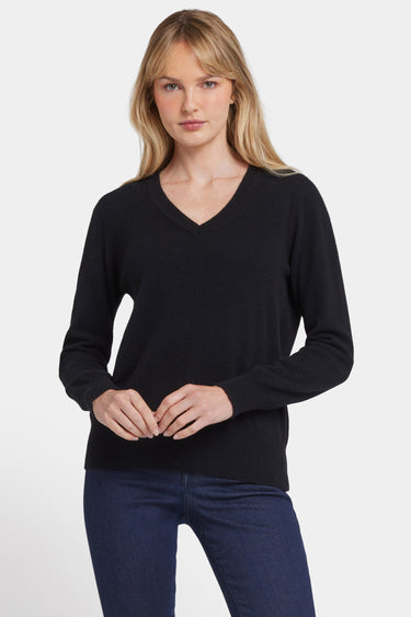 NYDJ Cashmere Classic V-Neck Sweater  - Black