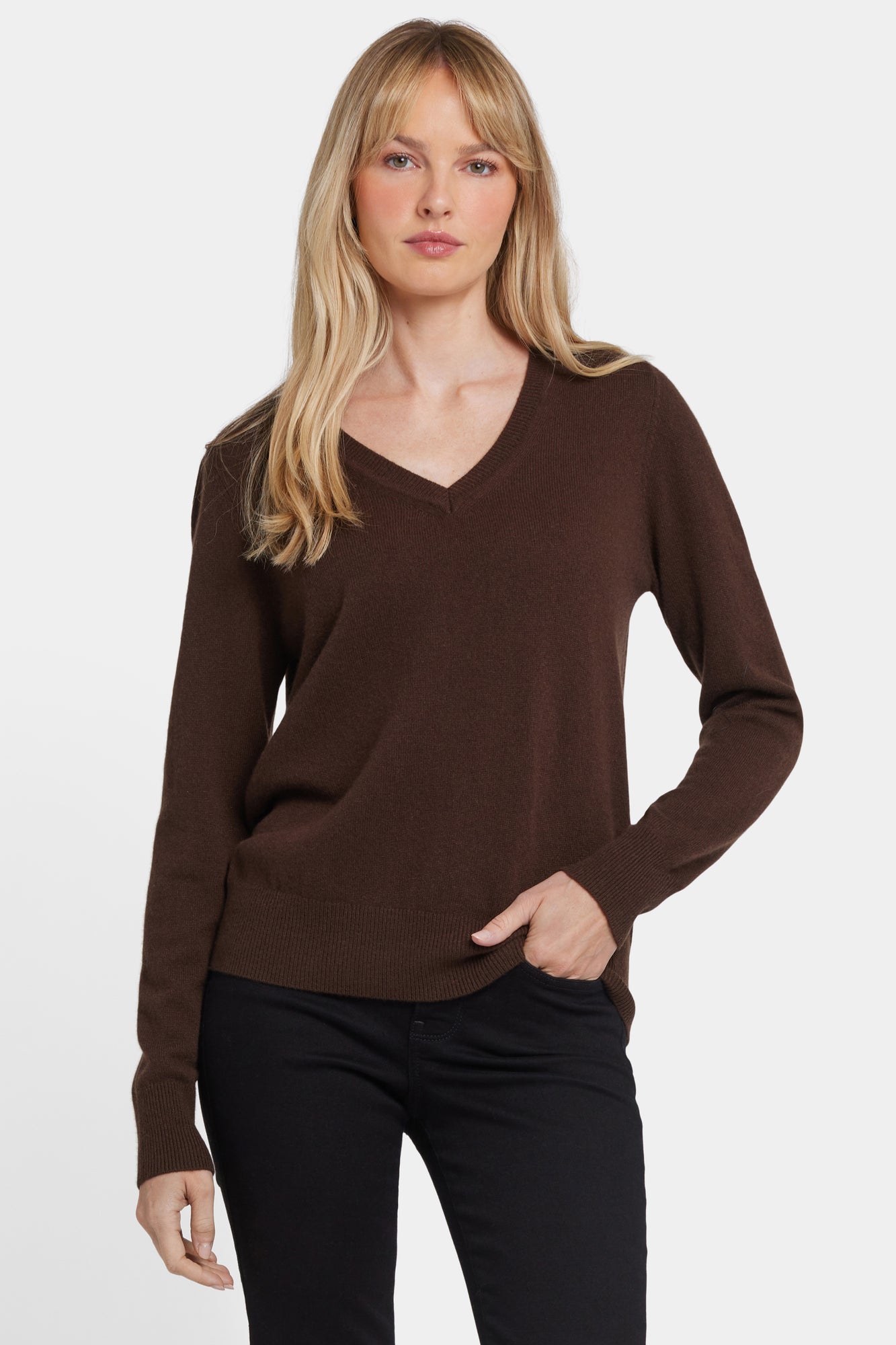 NYDJ Cashmere Classic V-Neck Sweater  - Brown