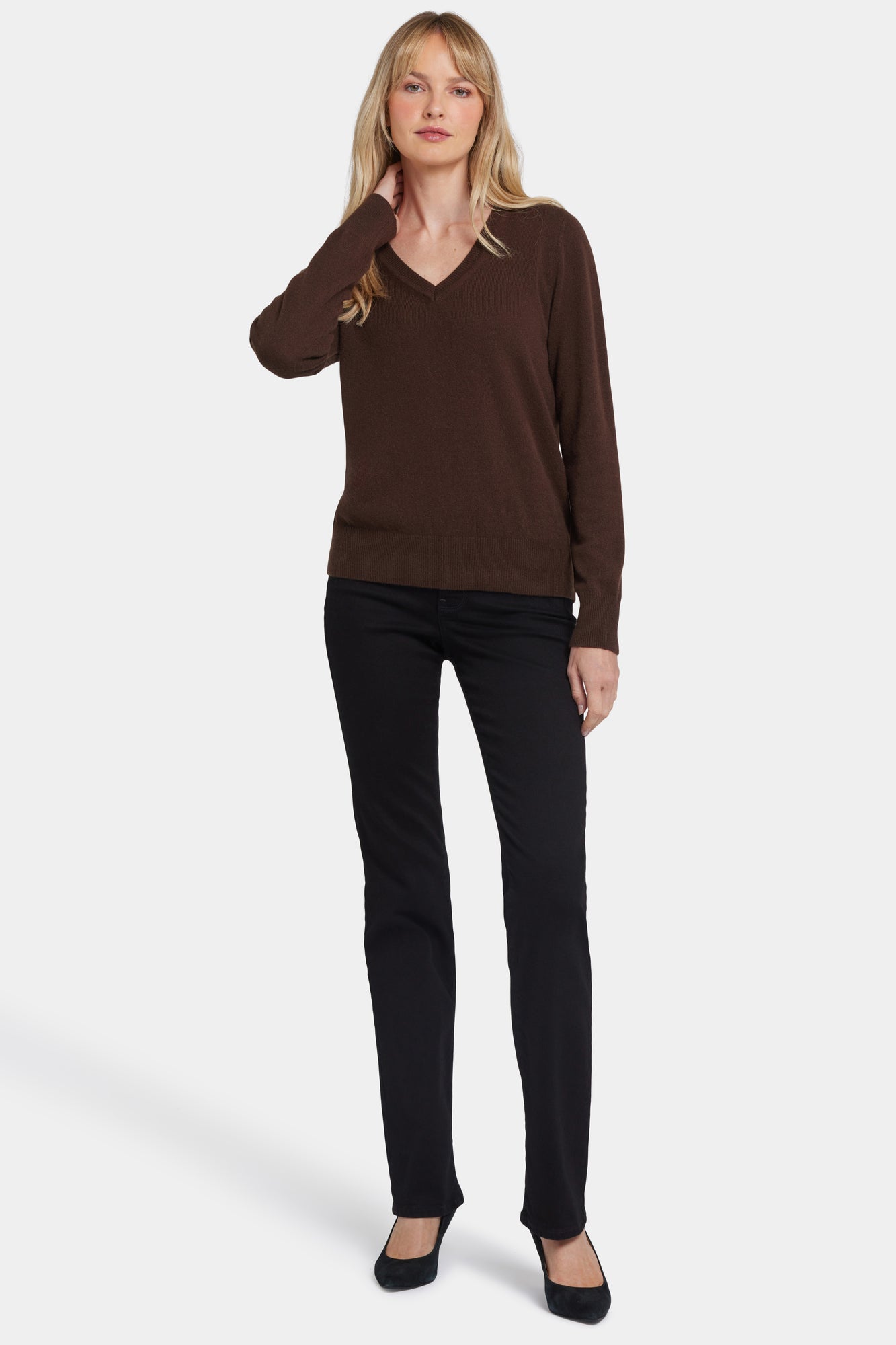 NYDJ Cashmere Classic V-Neck Sweater  - Brown