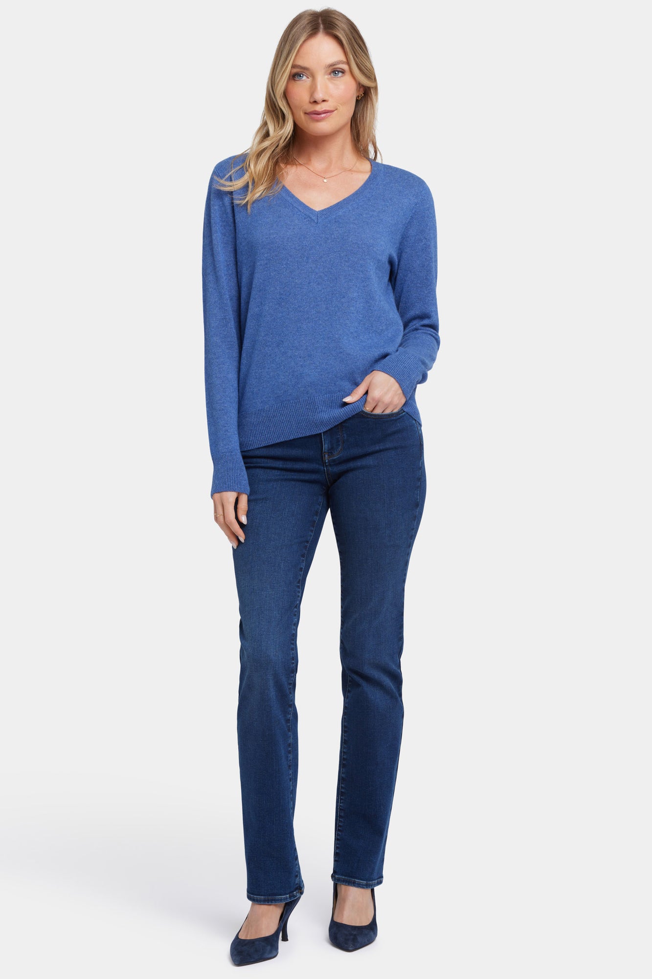 NYDJ Cashmere Classic V-Neck Sweater  - Heather Blue