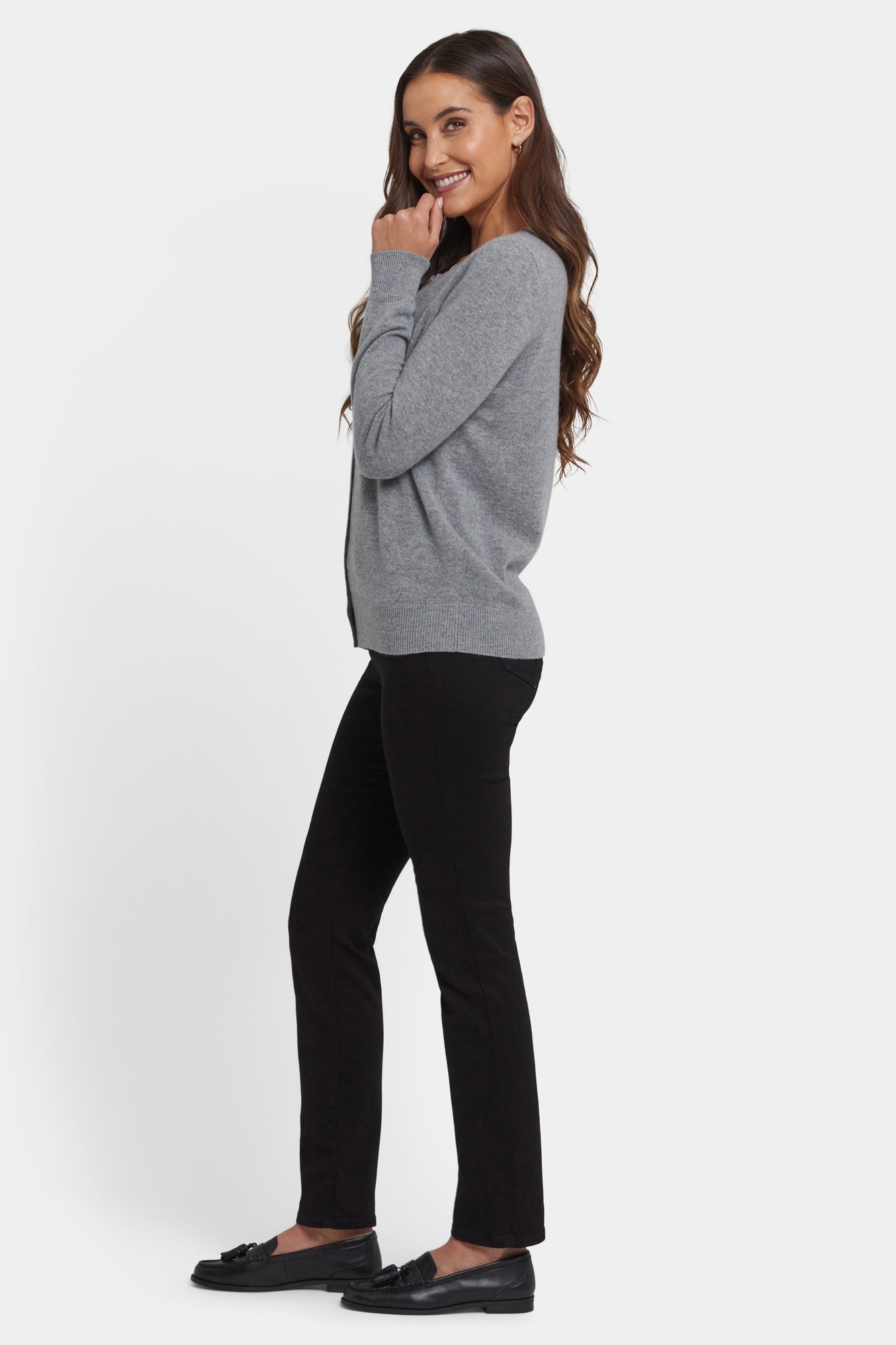 NYDJ Cashmere Crewneck Cardigan  - Light Heather Grey