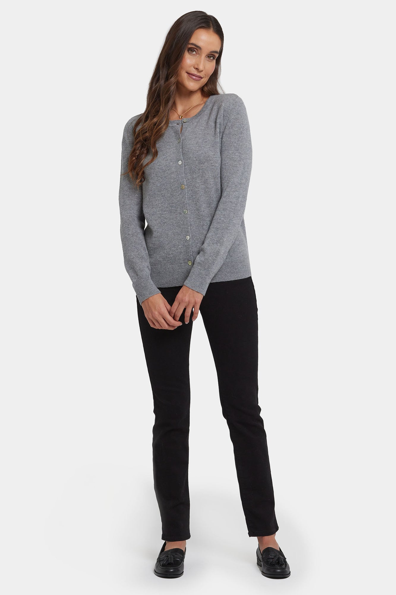 NYDJ Cashmere Crewneck Cardigan  - Light Heather Grey