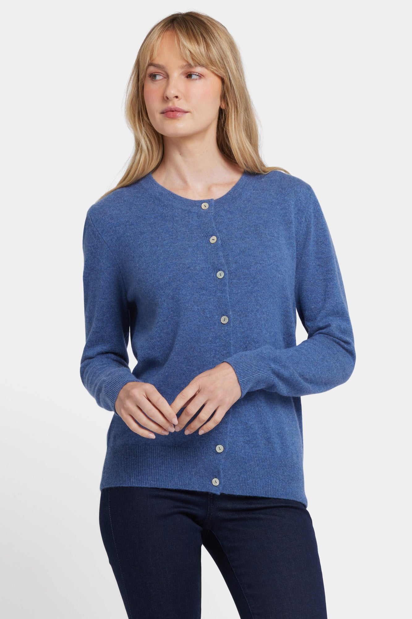 NYDJ Cashmere Crewneck Cardigan  - Heather Blue