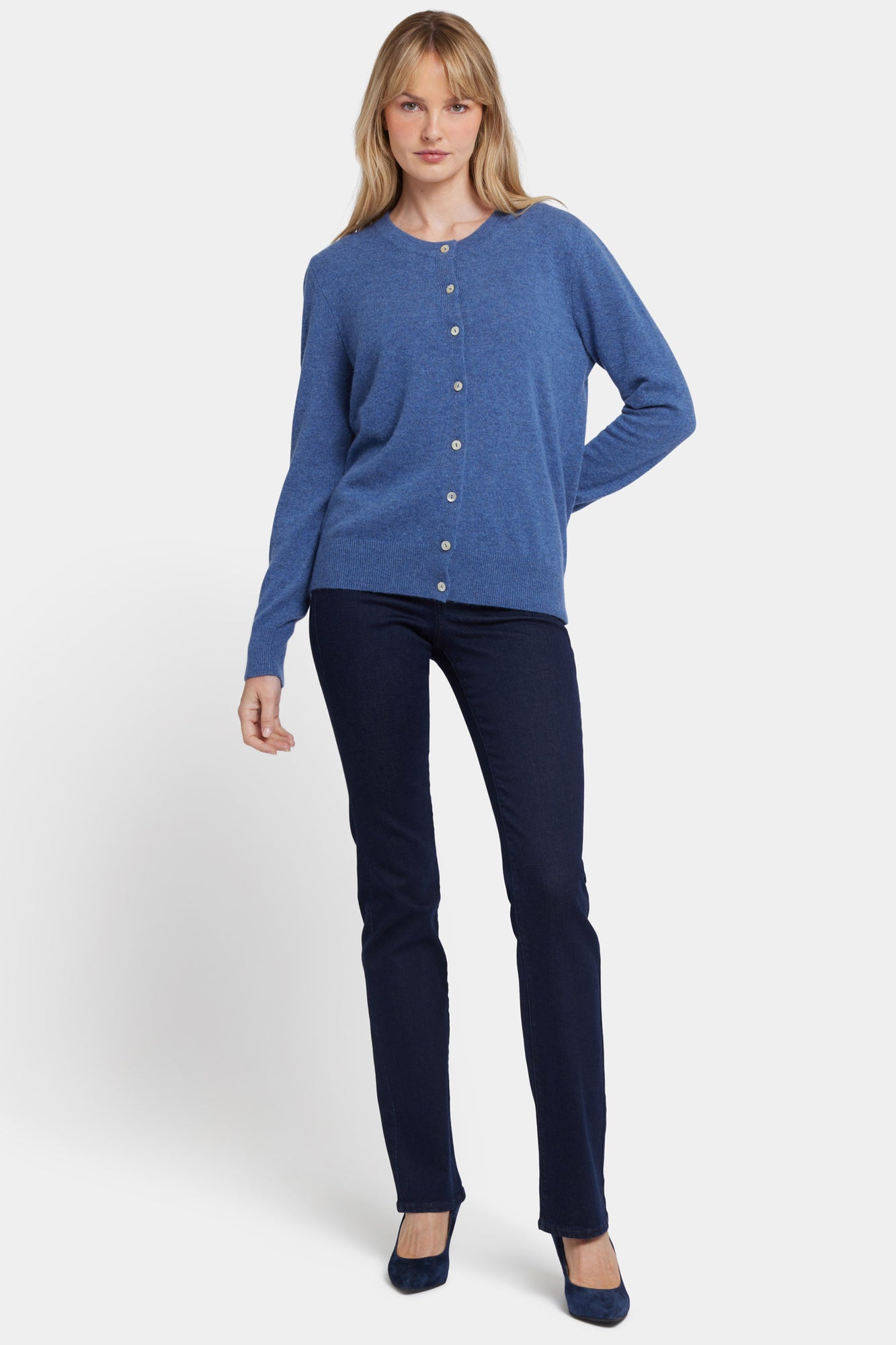 NYDJ Cashmere Crewneck Cardigan  - Heather Blue