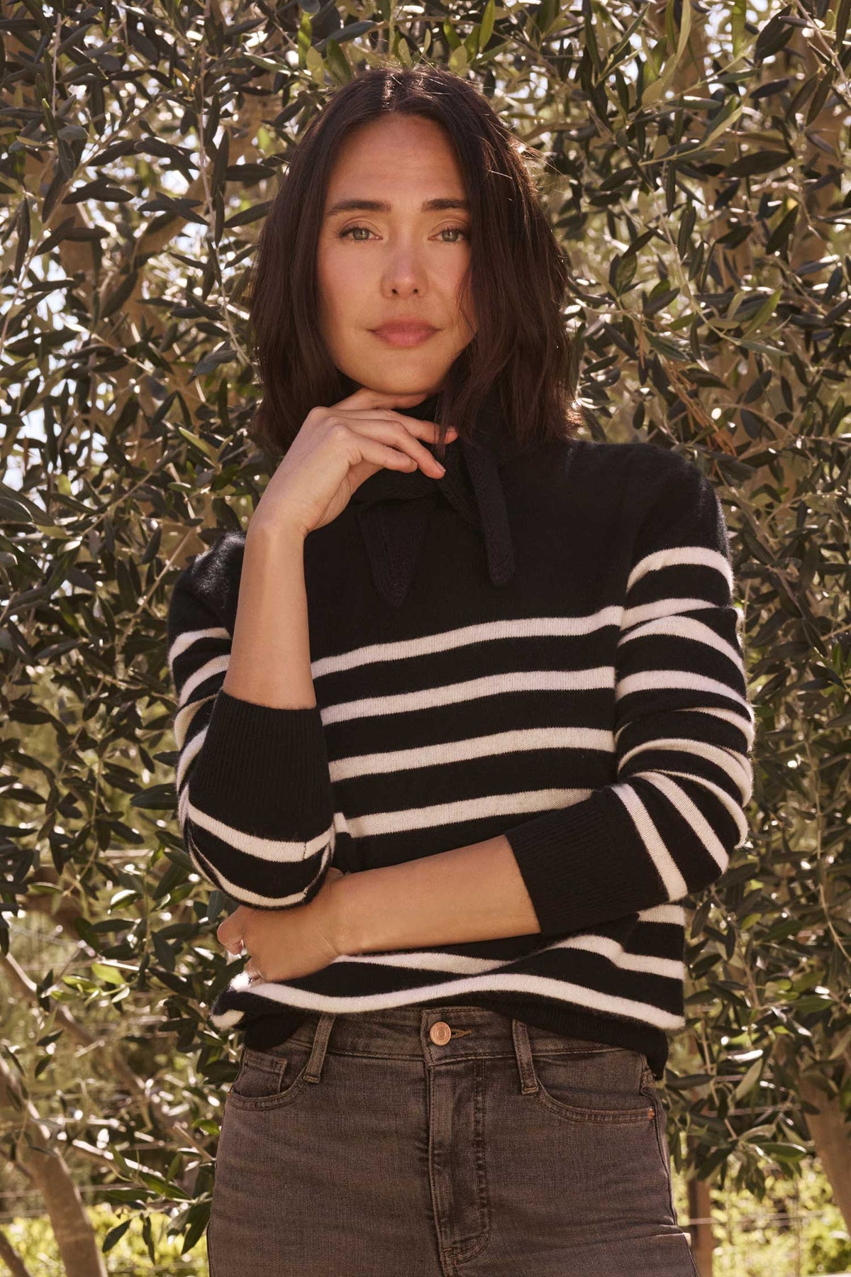 NYDJ Striped Cashmere Crewneck Sweater  - Black Ivory Combo