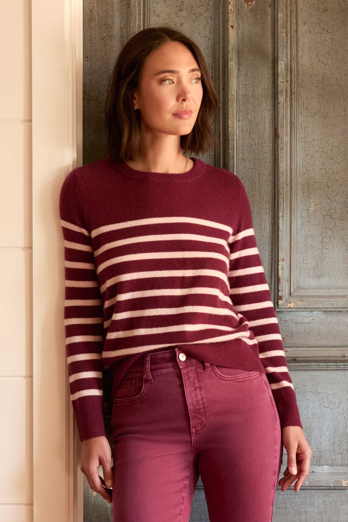 NYDJ Striped Cashmere Crewneck Sweater  - Burgundy Combo