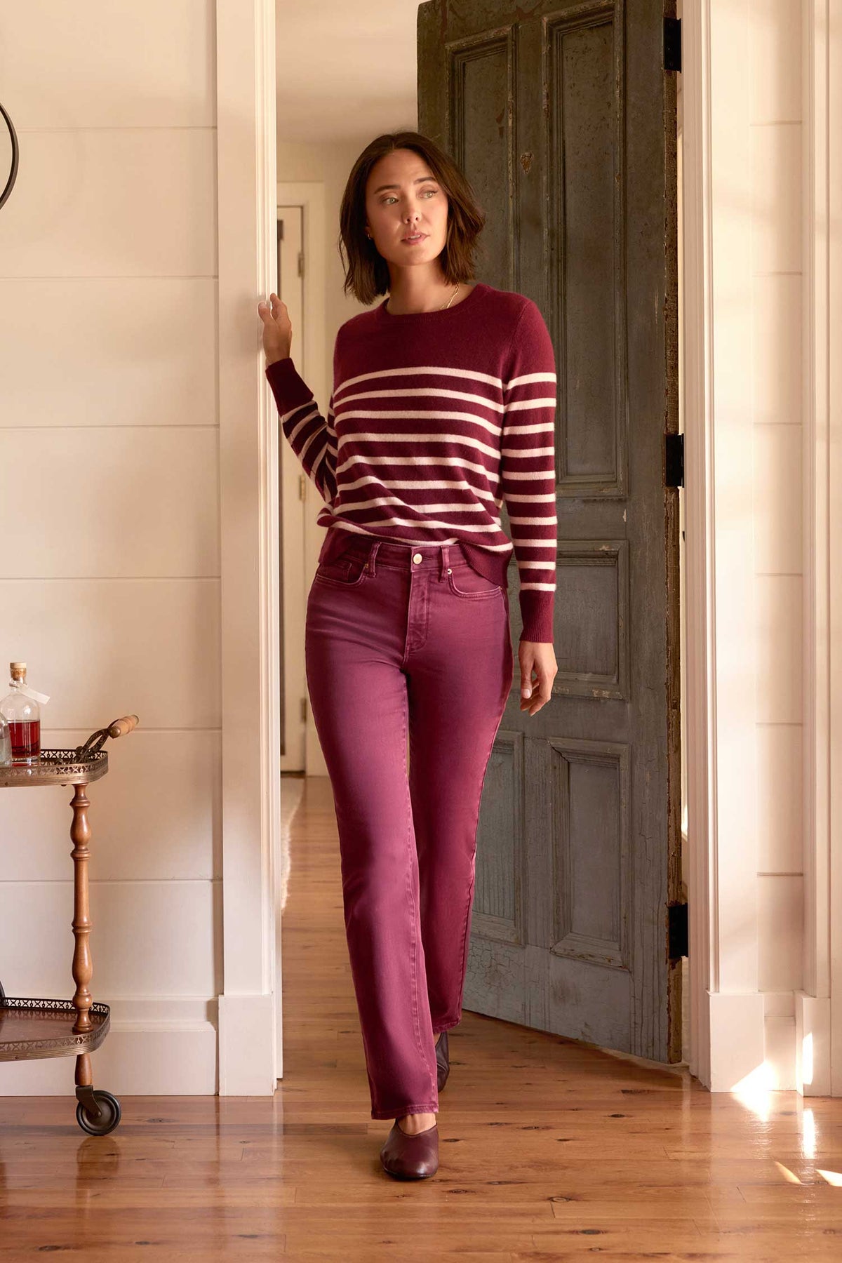 NYDJ Striped Cashmere Crewneck Sweater  - Burgundy Combo