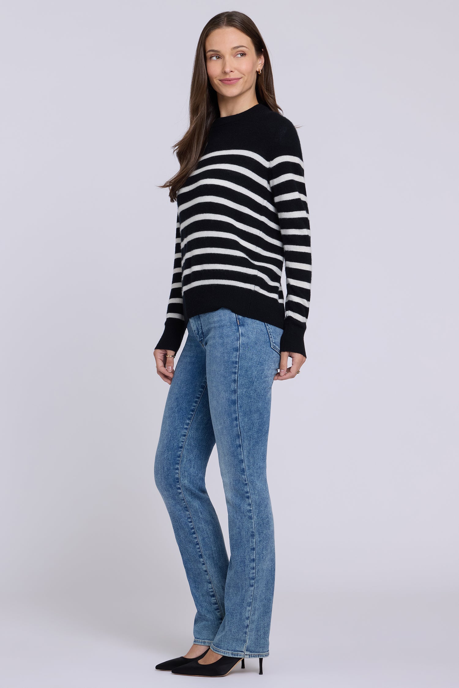 NYDJ Striped Cashmere Crewneck Sweater  - Black Ivory Combo
