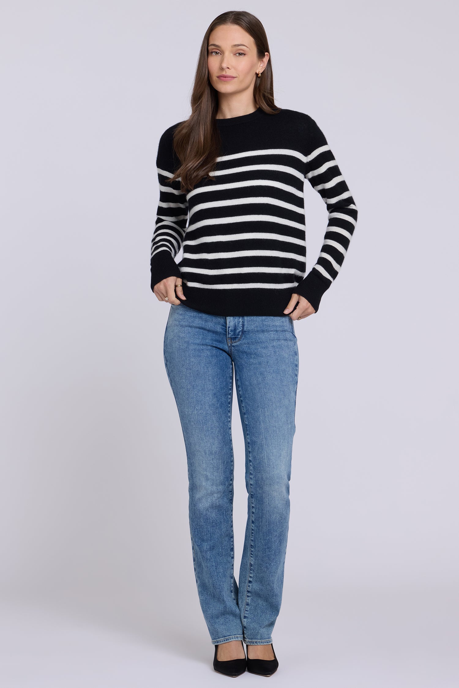 NYDJ Striped Cashmere Crewneck Sweater  - Black Ivory Combo