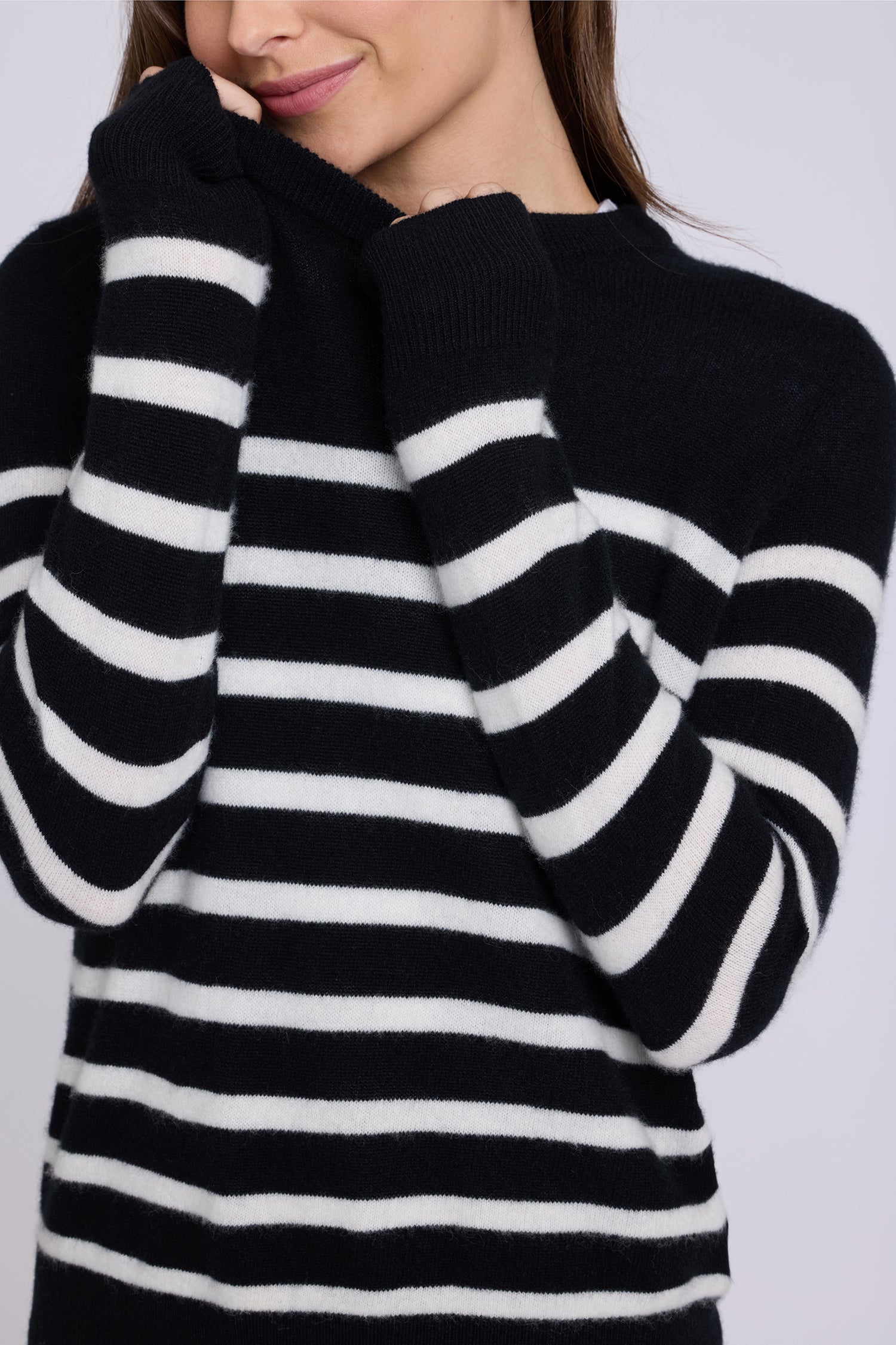 NYDJ Striped Cashmere Crewneck Sweater  - Black Ivory Combo