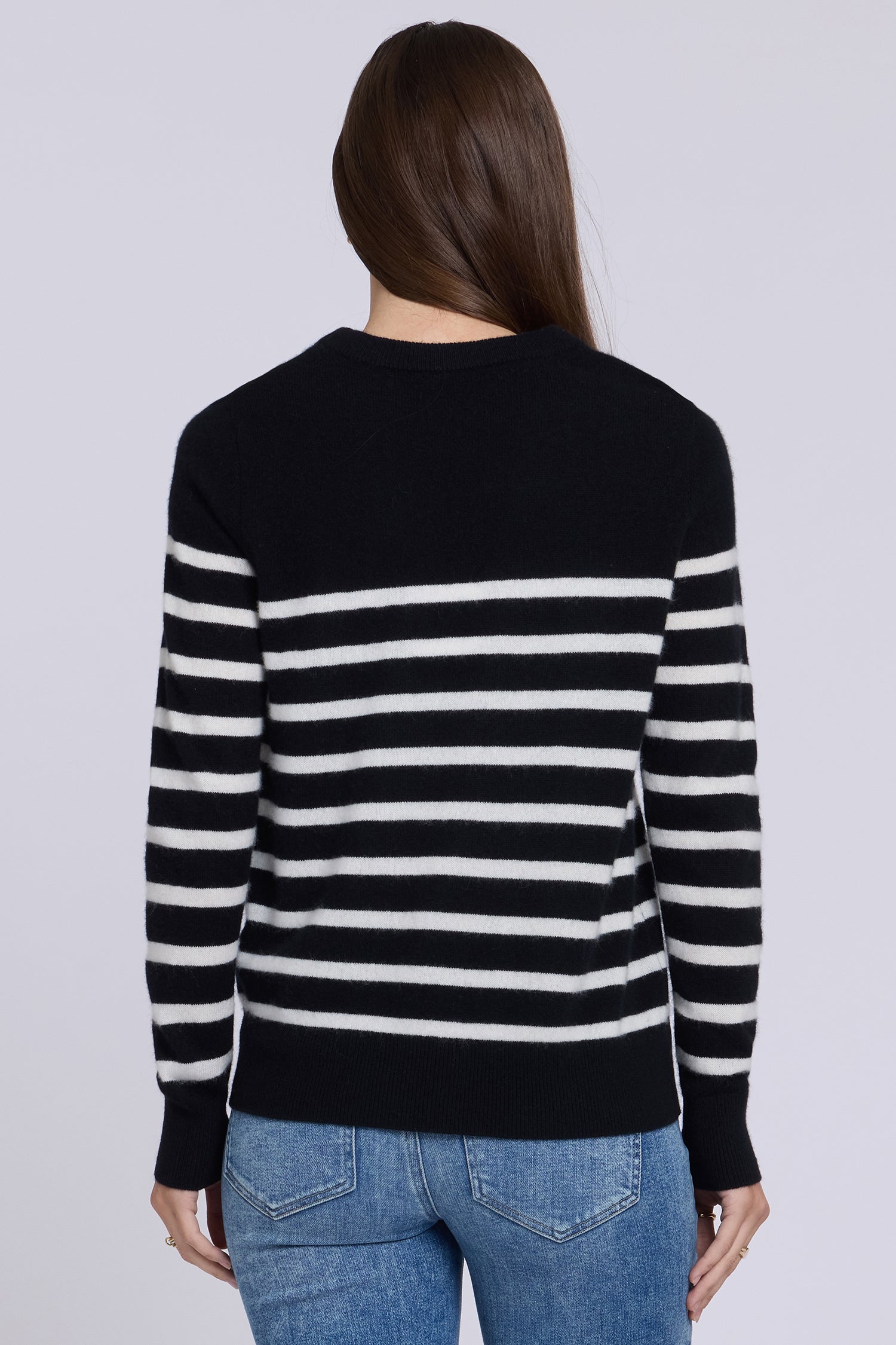 NYDJ Striped Cashmere Crewneck Sweater  - Black Ivory Combo