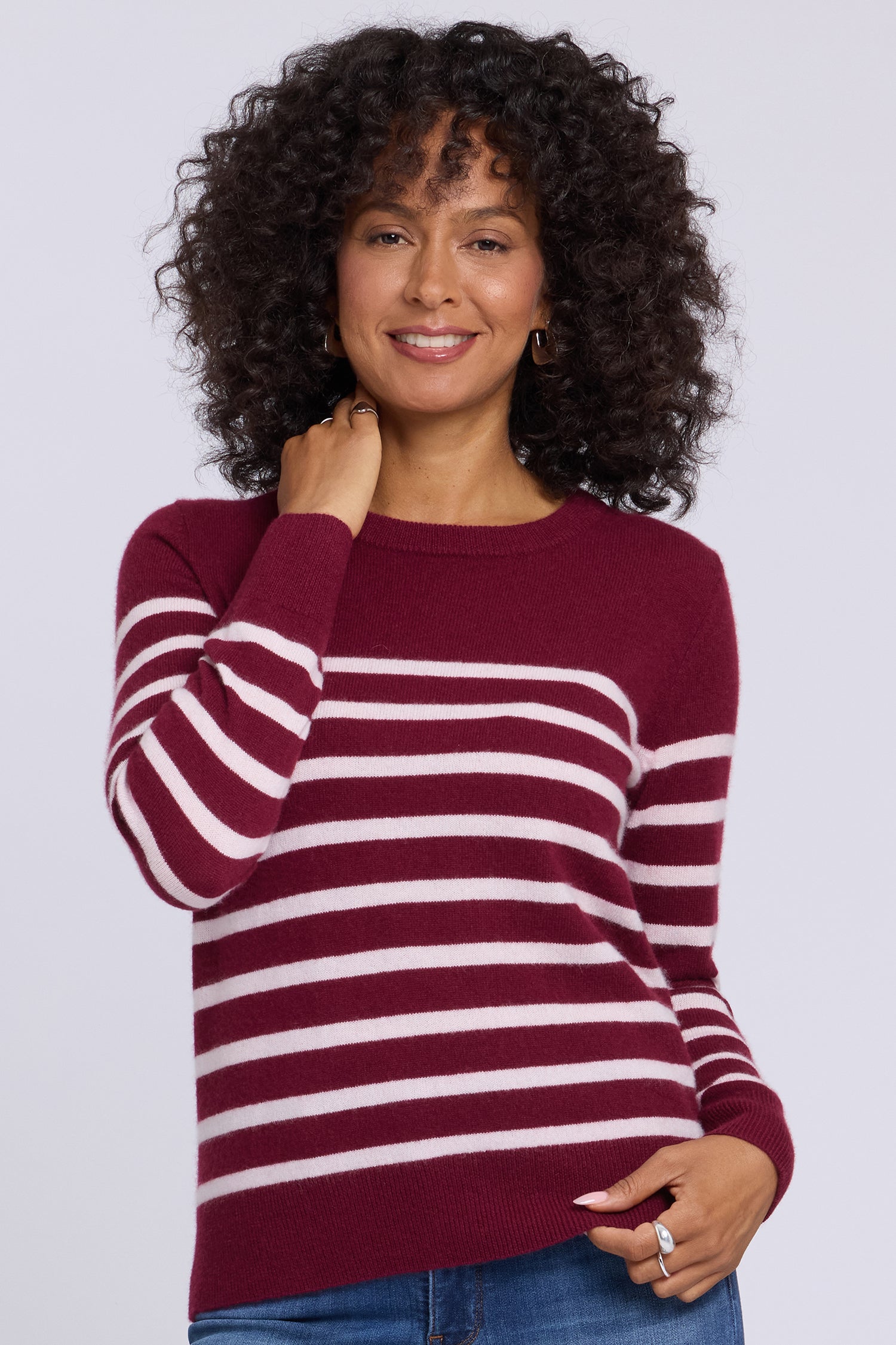 NYDJ Striped Cashmere Crewneck Sweater  - Burgundy Combo