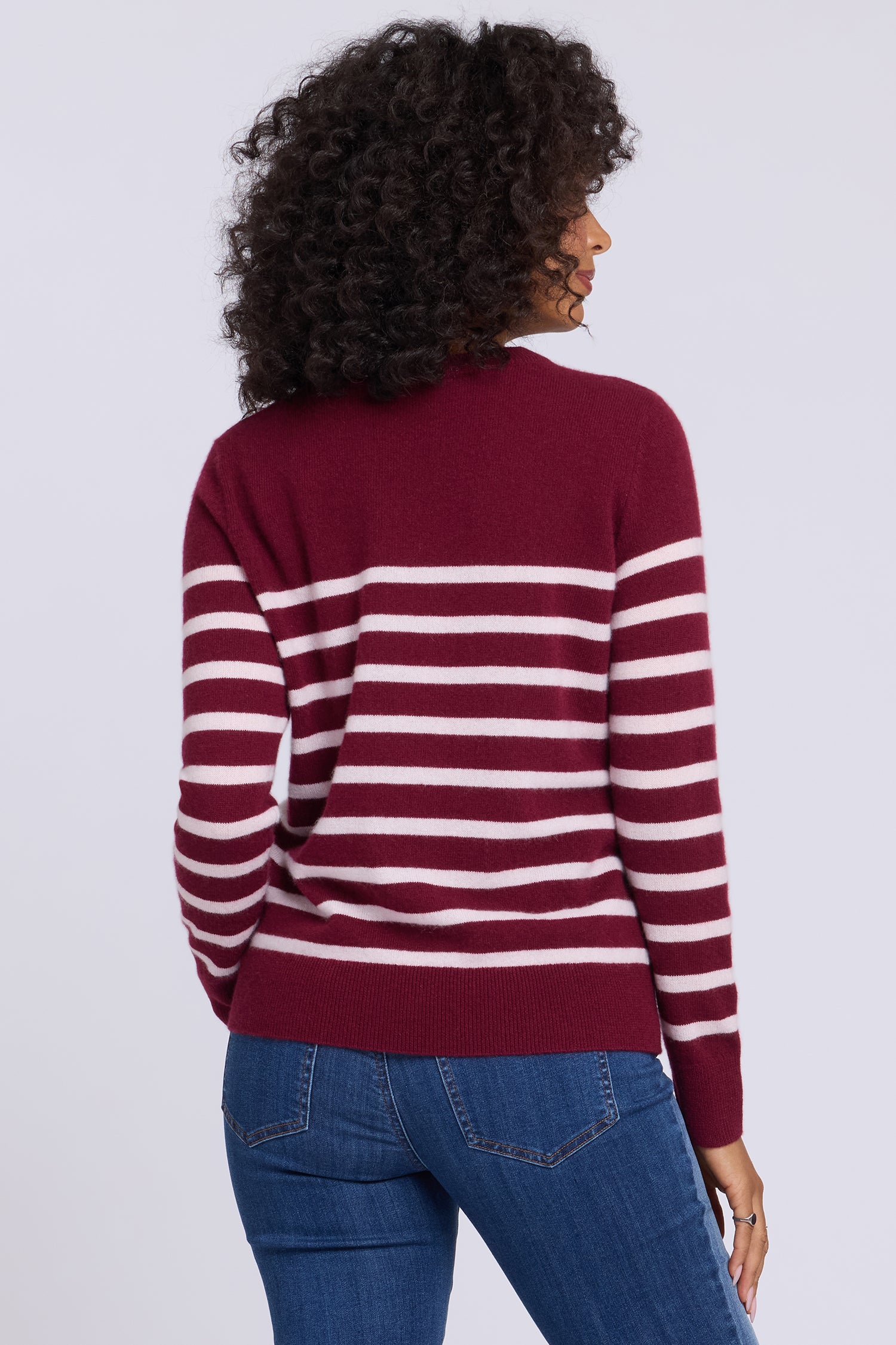 NYDJ Striped Cashmere Crewneck Sweater  - Burgundy Combo
