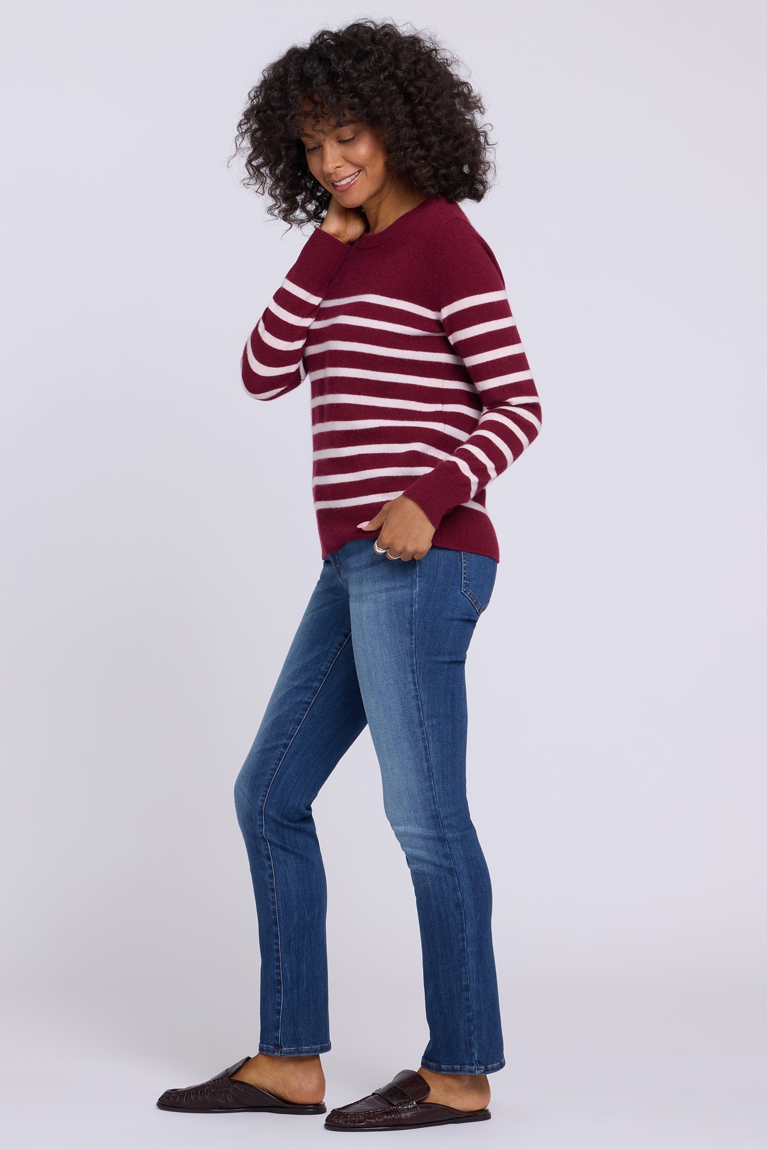 NYDJ Striped Cashmere Crewneck Sweater  - Burgundy Combo