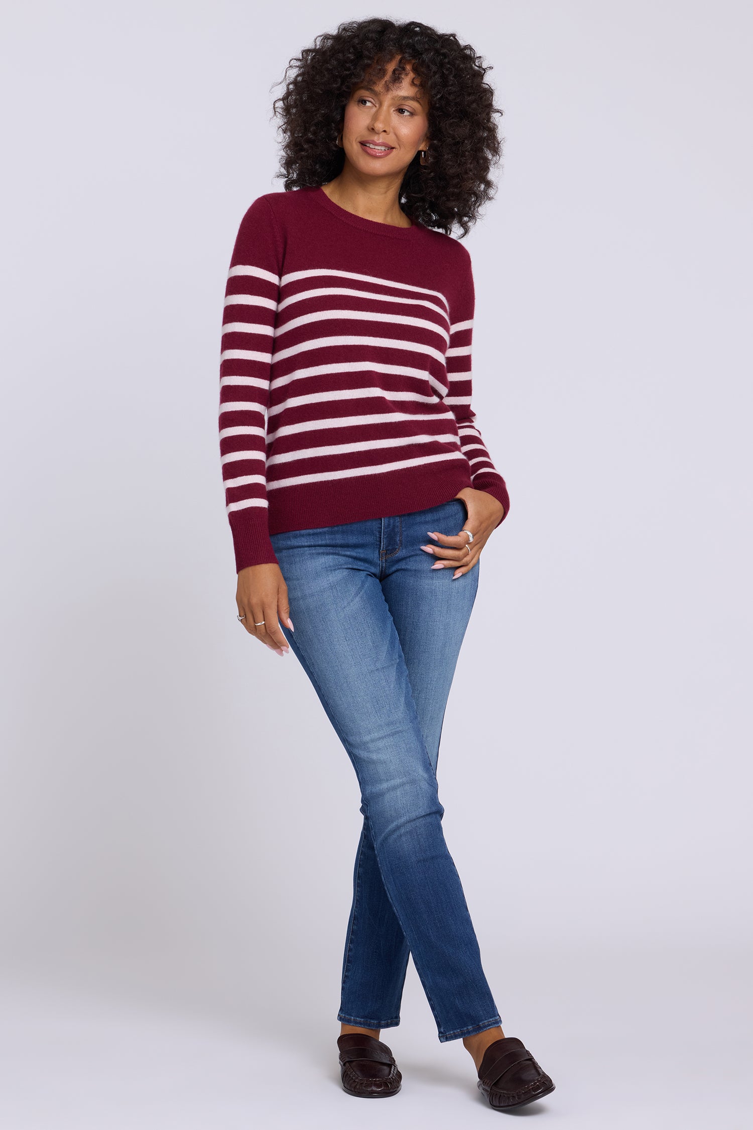 NYDJ Striped Cashmere Crewneck Sweater  - Burgundy Combo