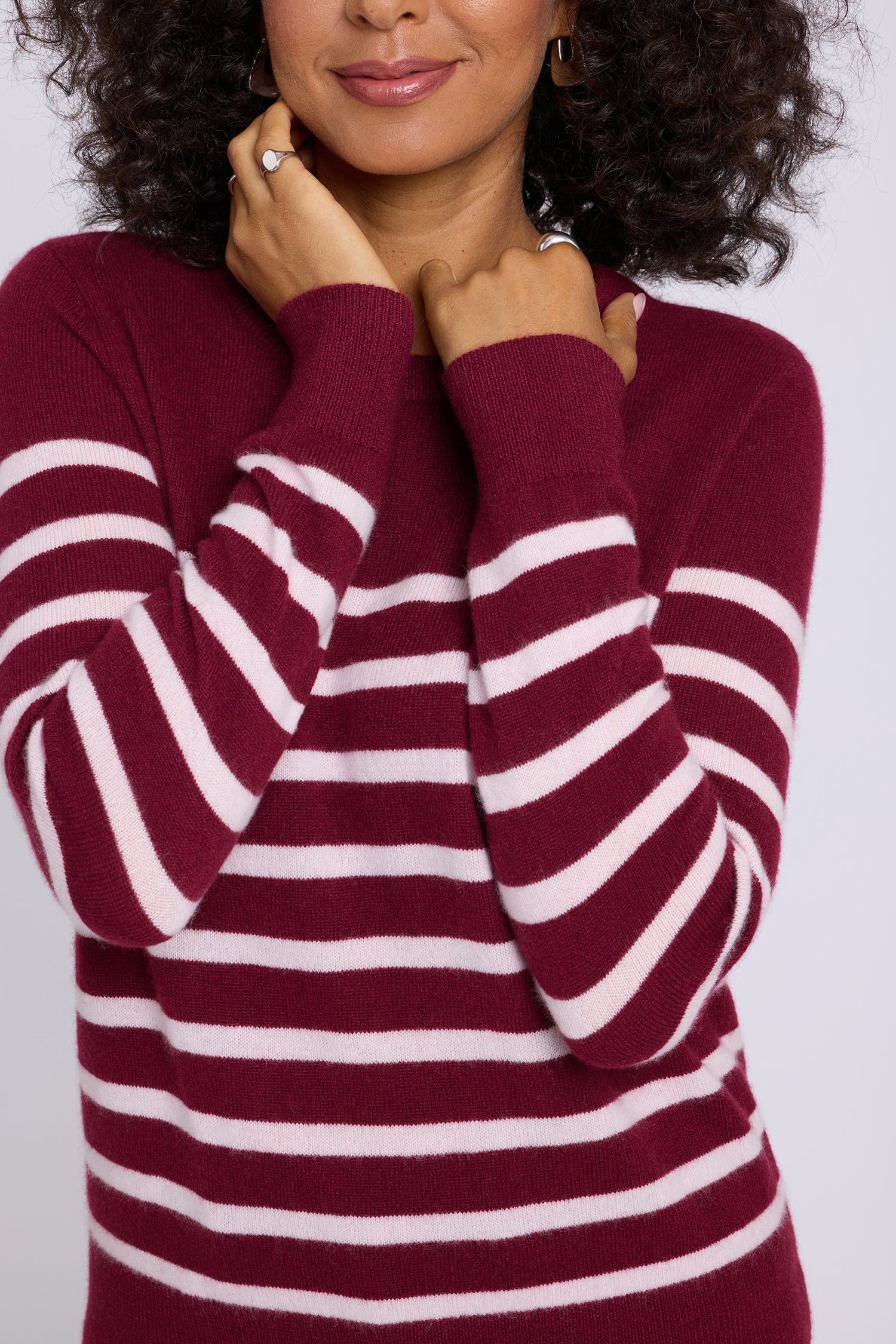 NYDJ Striped Cashmere Crewneck Sweater  - Burgundy Combo