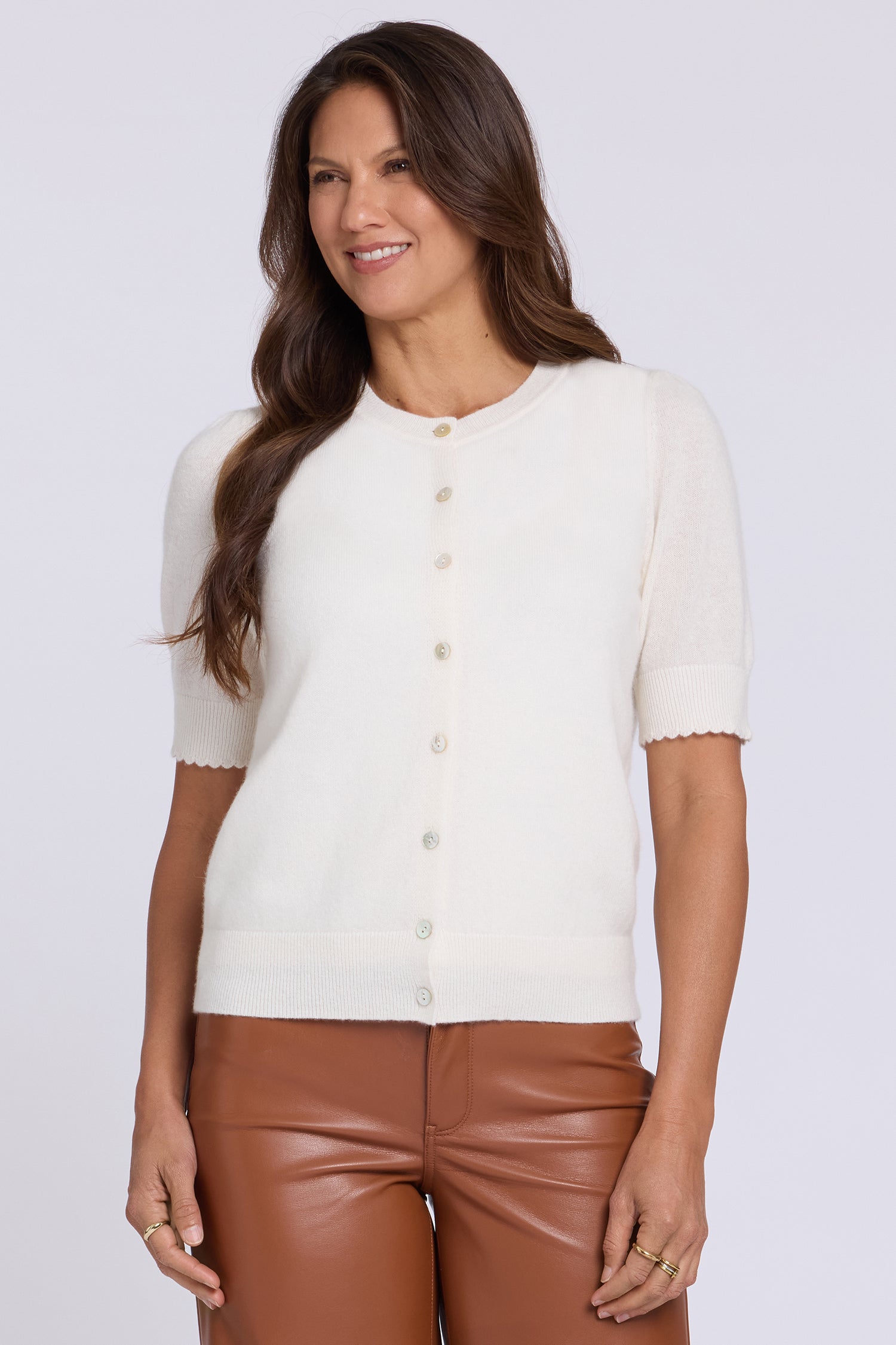 NYDJ Cashmere Short Sleeved Crewneck Cardigan  - Ivory