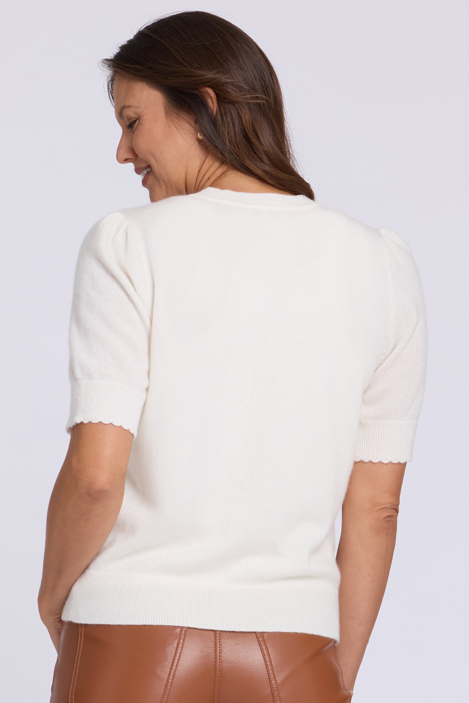 NYDJ Cashmere Short Sleeved Crewneck Cardigan  - Ivory
