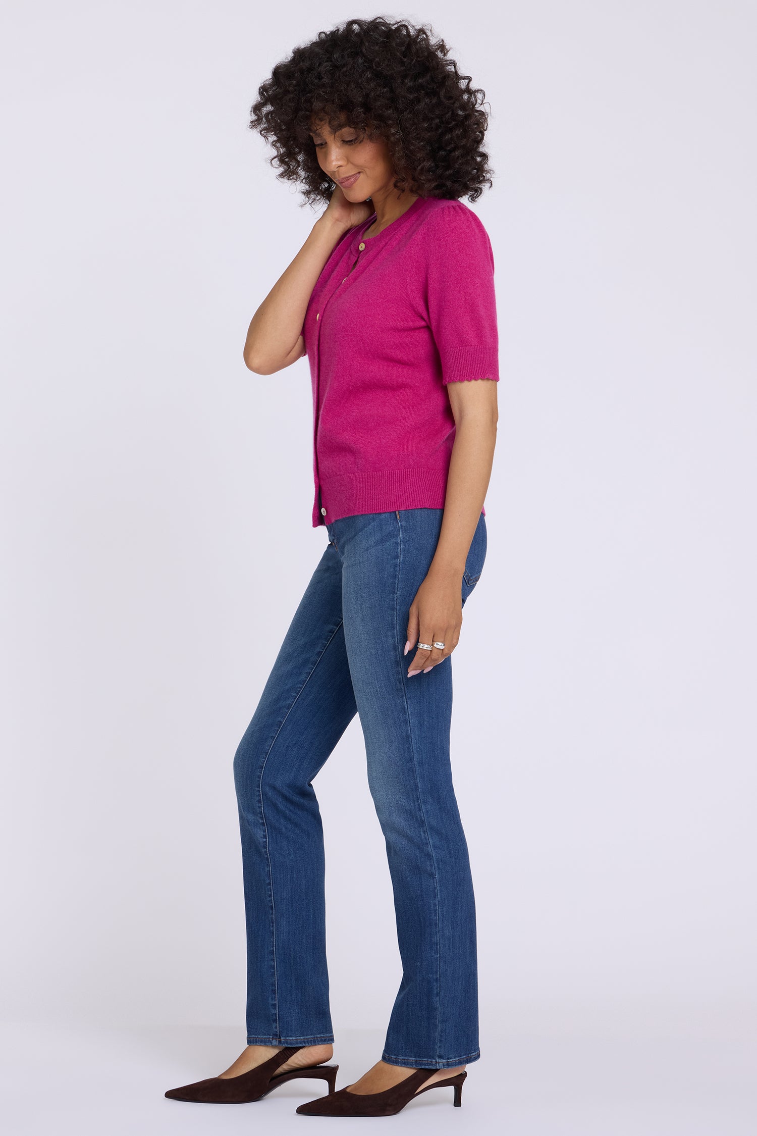 NYDJ Cashmere Short Sleeved Crewneck Cardigan  - Jazzy