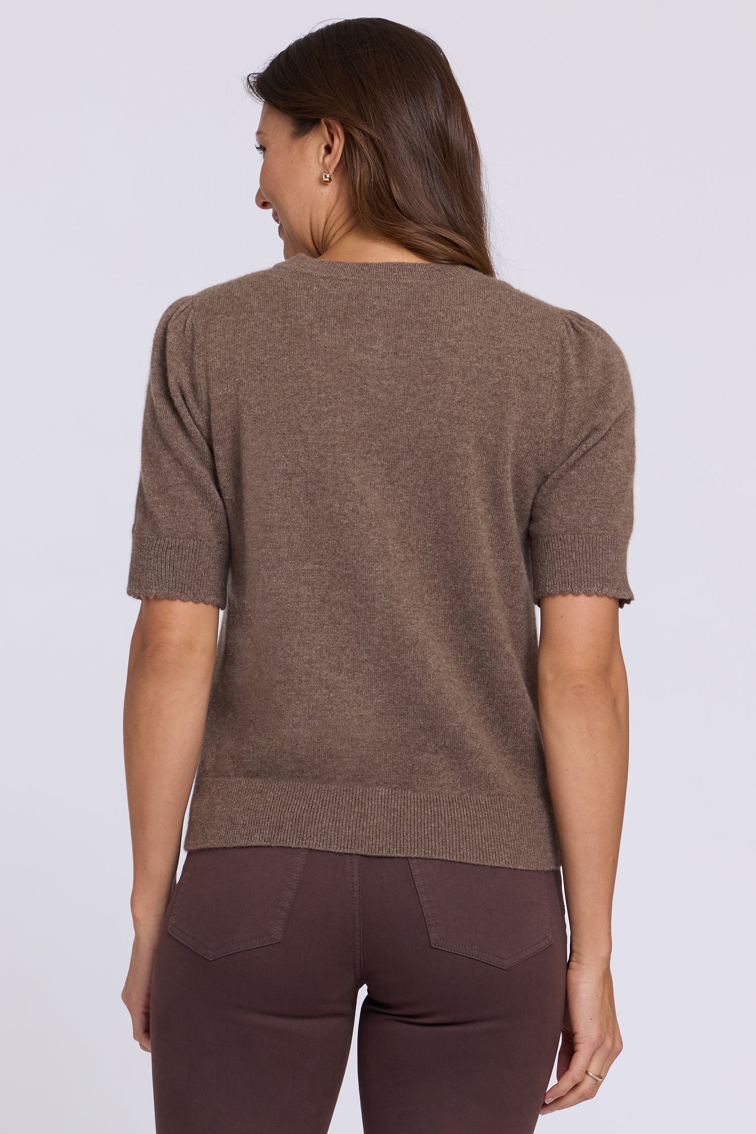NYDJ Cashmere Short Sleeved Crewneck Cardigan  - Sepia