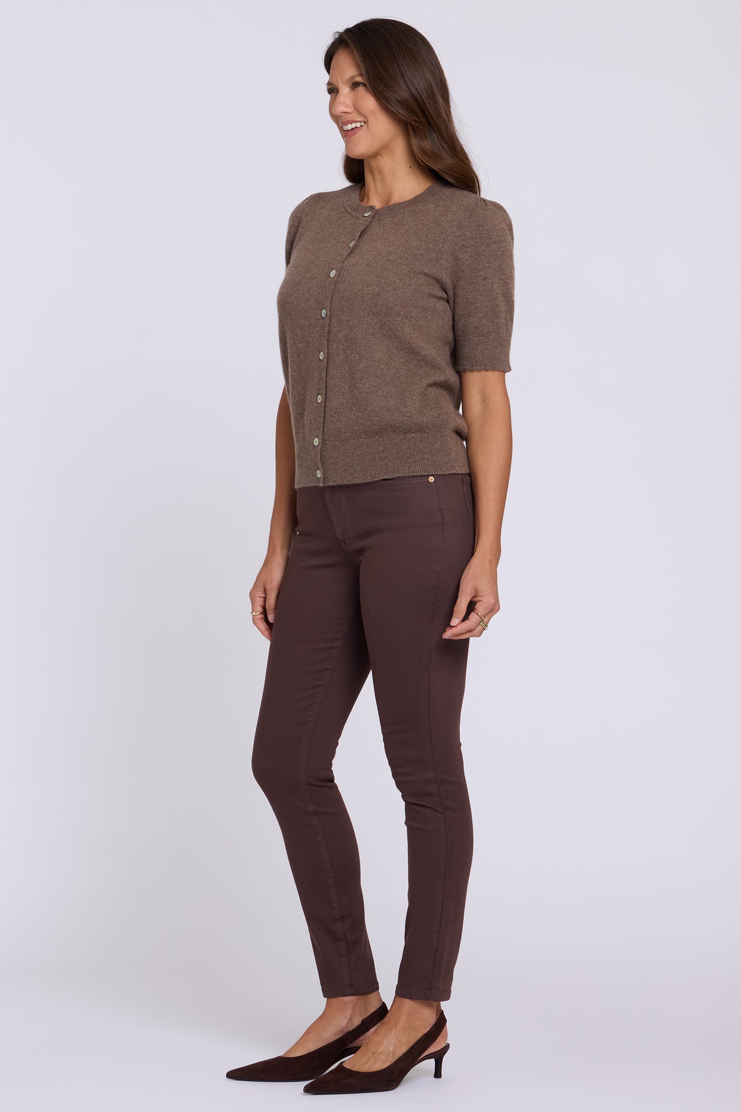 NYDJ Cashmere Short Sleeved Crewneck Cardigan  - Sepia