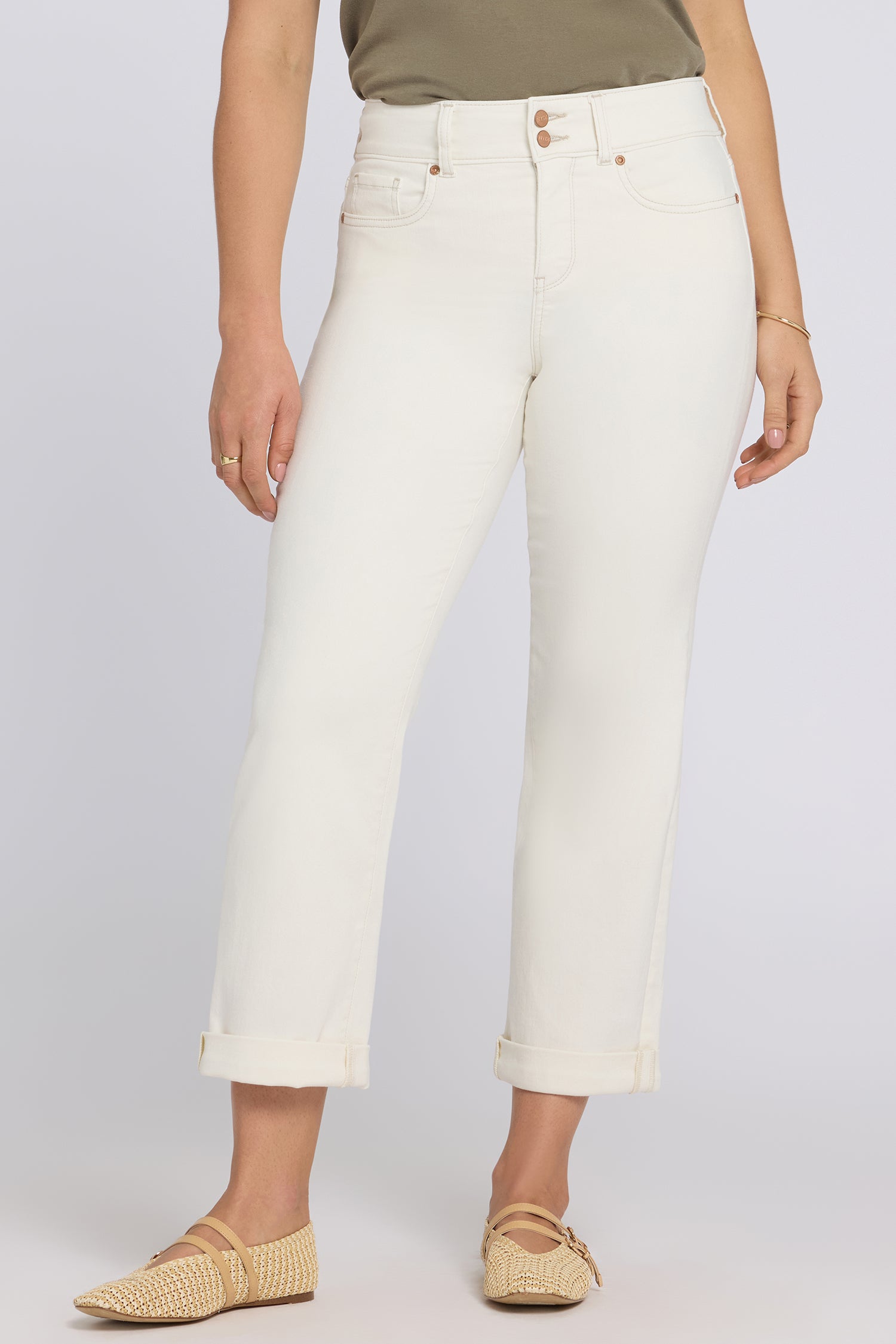 NYDJ Bailey Relaxed Straight Crop Jeans In Cool Embrace® Denim With High Rise And Roll Cuffs - Vintage White