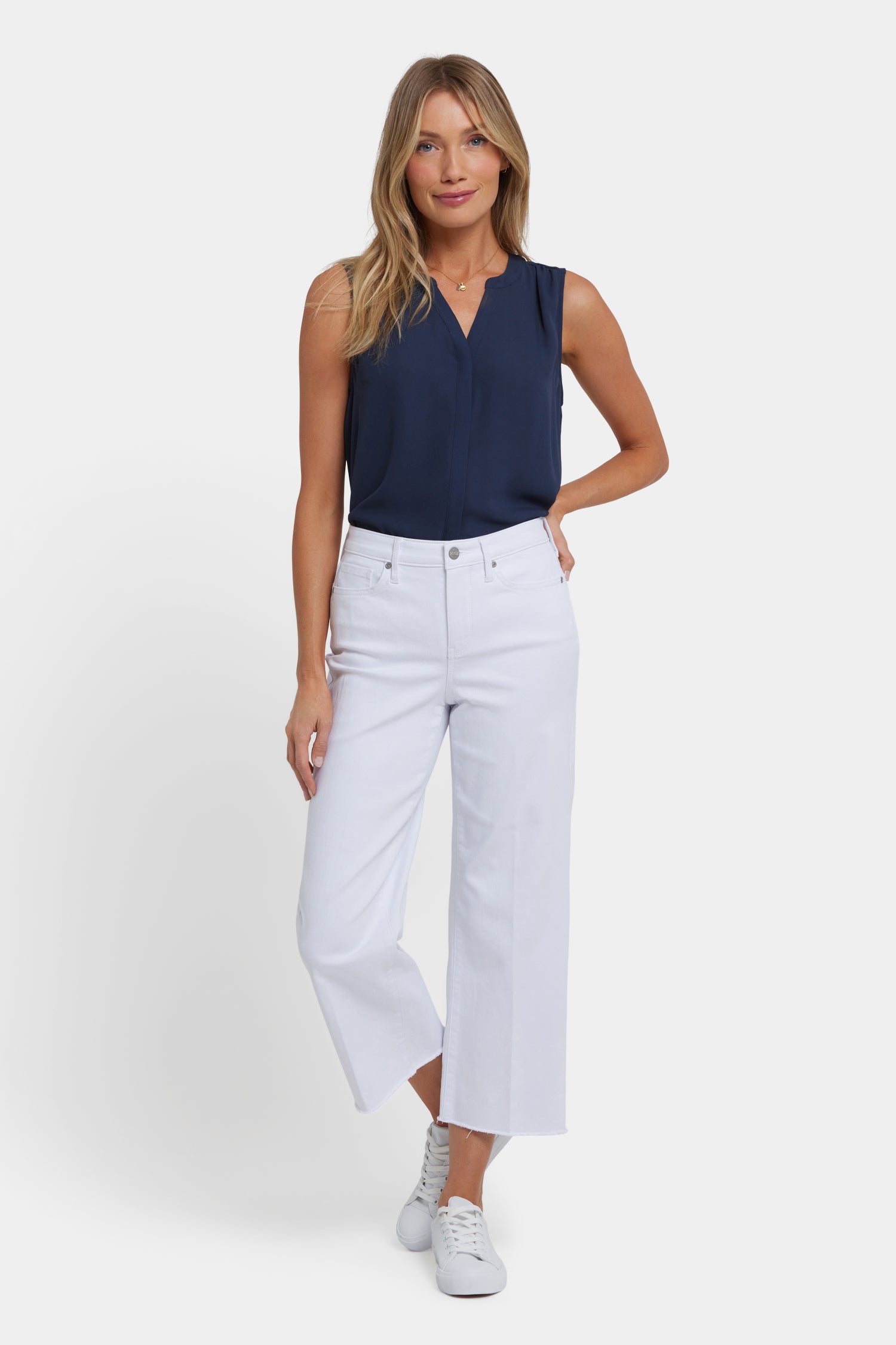 NYDJ Coco Relaxed Wide Leg Crop Jeans In Cool Embrace® Denim With High Rise And Frayed Hems - Optic White