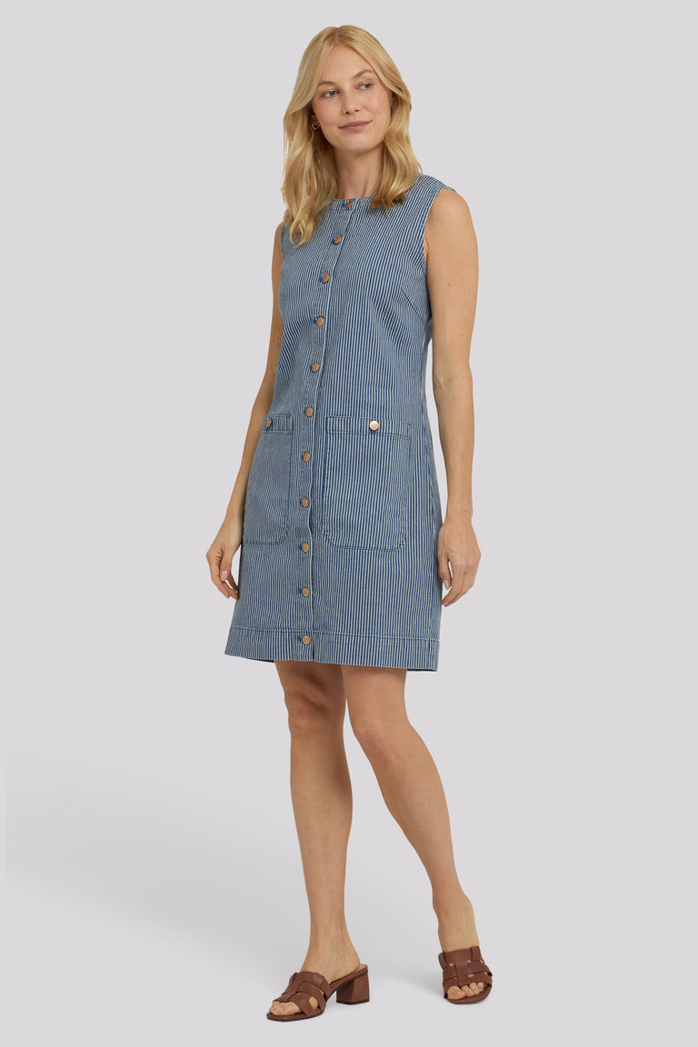 NYDJ Sleeveless Stripe Denim Utility Dress, Size S, Malaga Stripe