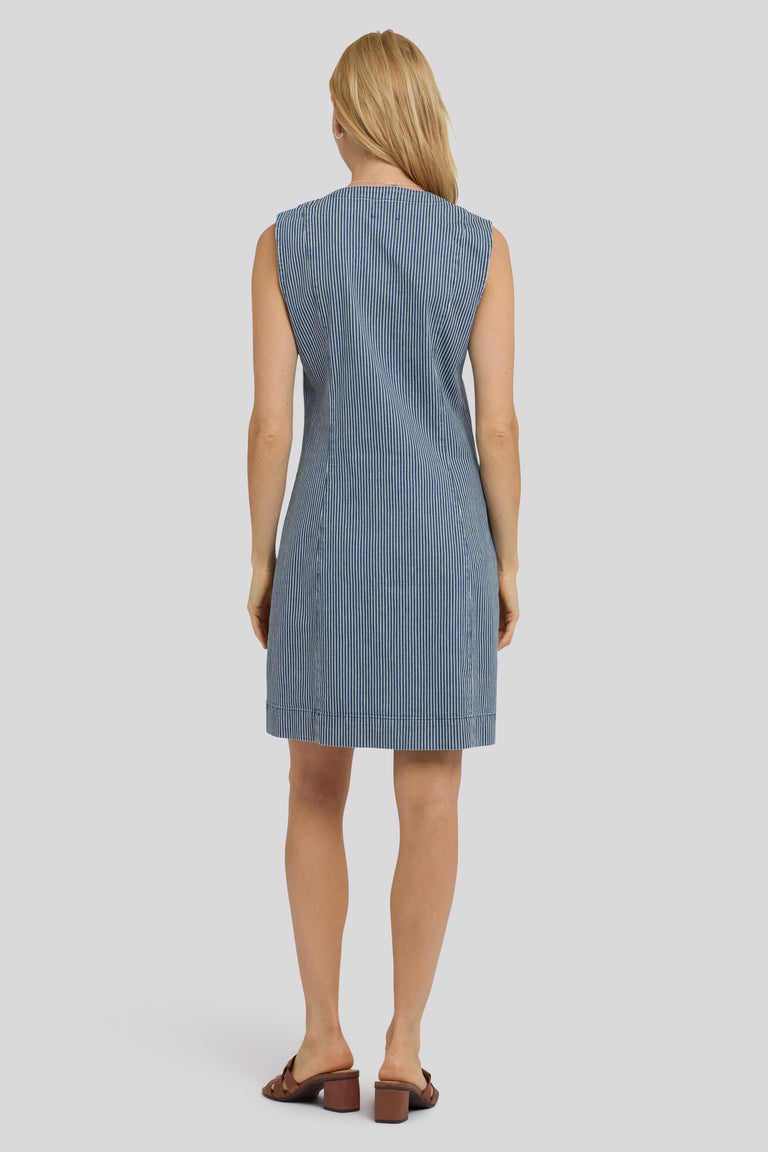 NYDJ Sleeveless Stripe Denim Utility Dress, Size S, Malaga Stripe