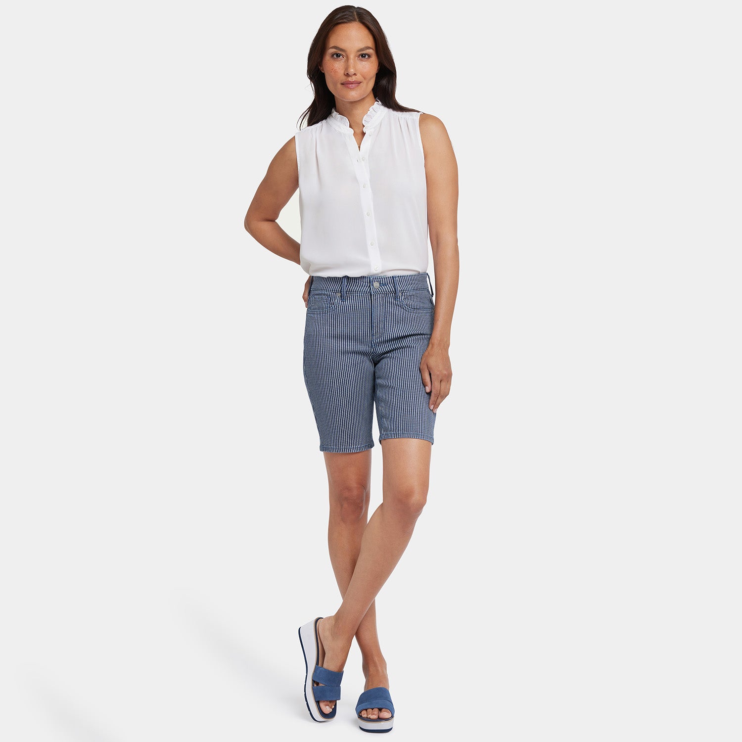 Ella Denim Shorts With Side Slits - Malaga Stripe Blue | NYDJ