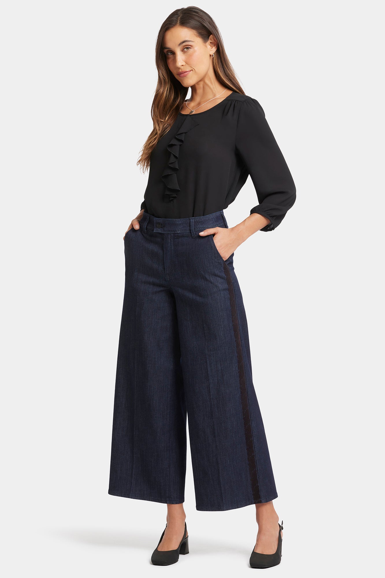 NYDJ Mona Wide Leg Trouser Jeans With High Rise And Side Seam Flocking - Lightweight Rinse