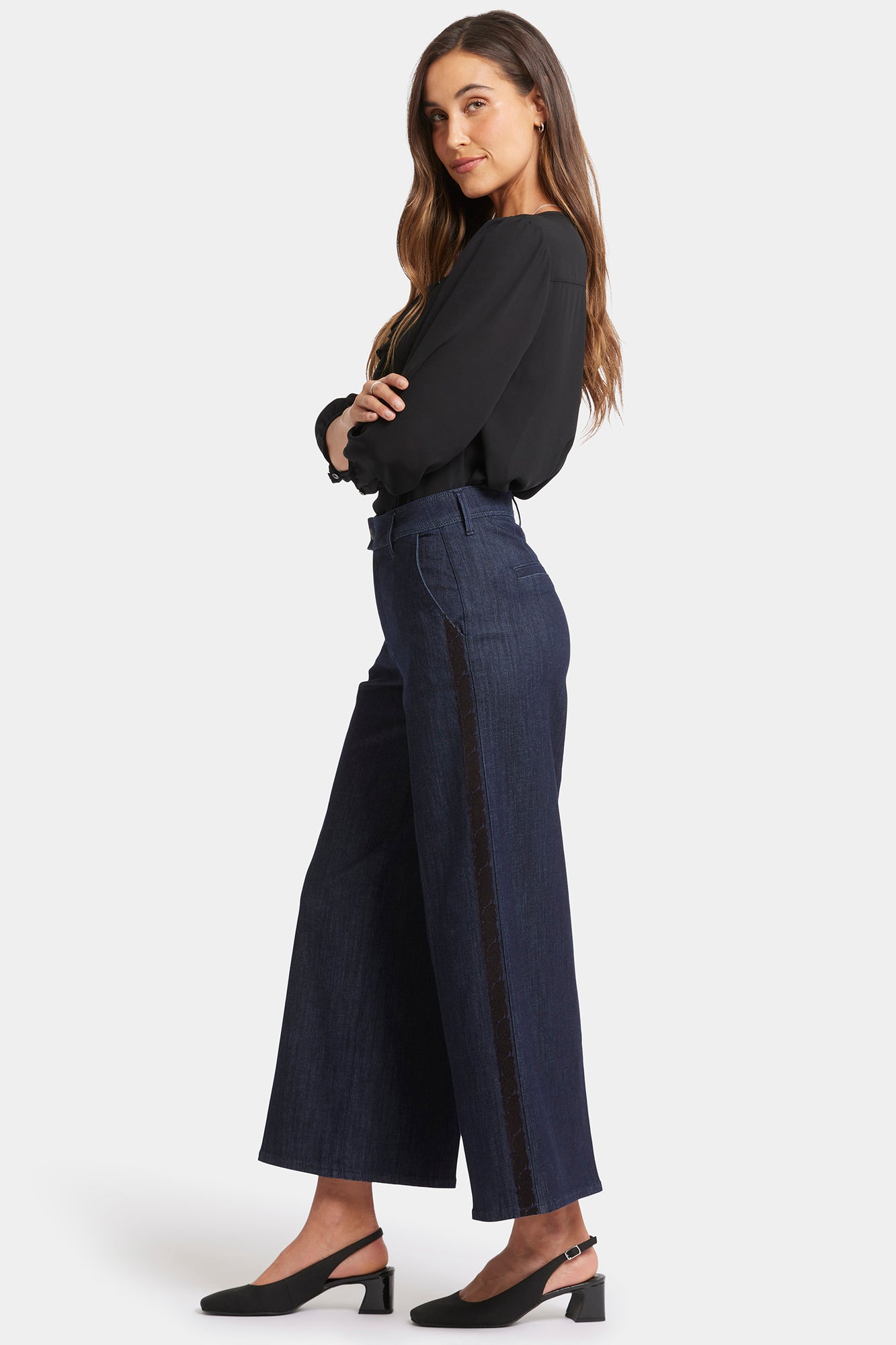 NYDJ Mona Wide Leg Trouser Jeans With High Rise And Side Seam Flocking - Lightweight Rinse