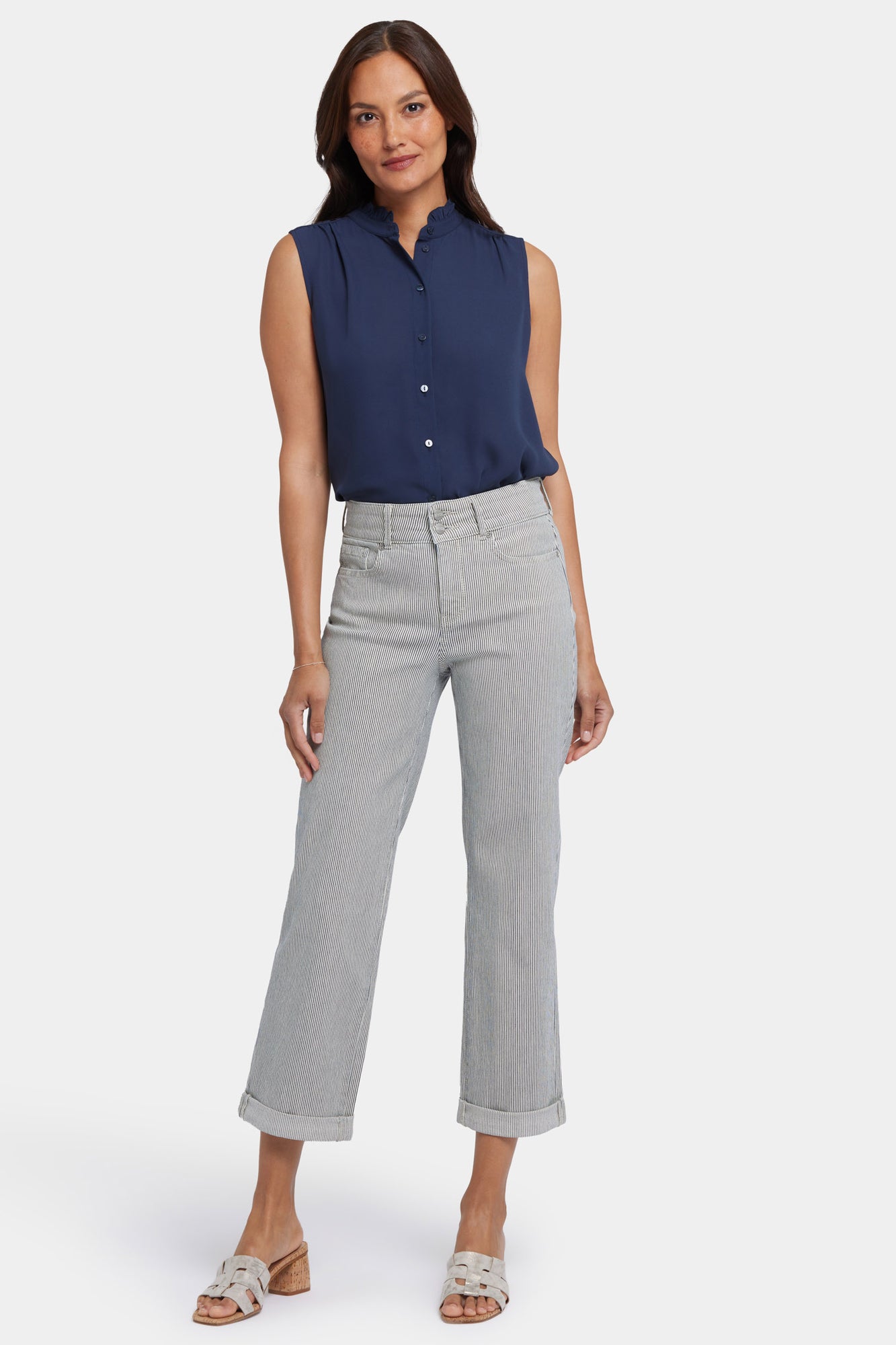 NYDJ Bailey Relaxed Straight Crop Jeans With High Rise And Roll Cuffs - Luarca Stripe