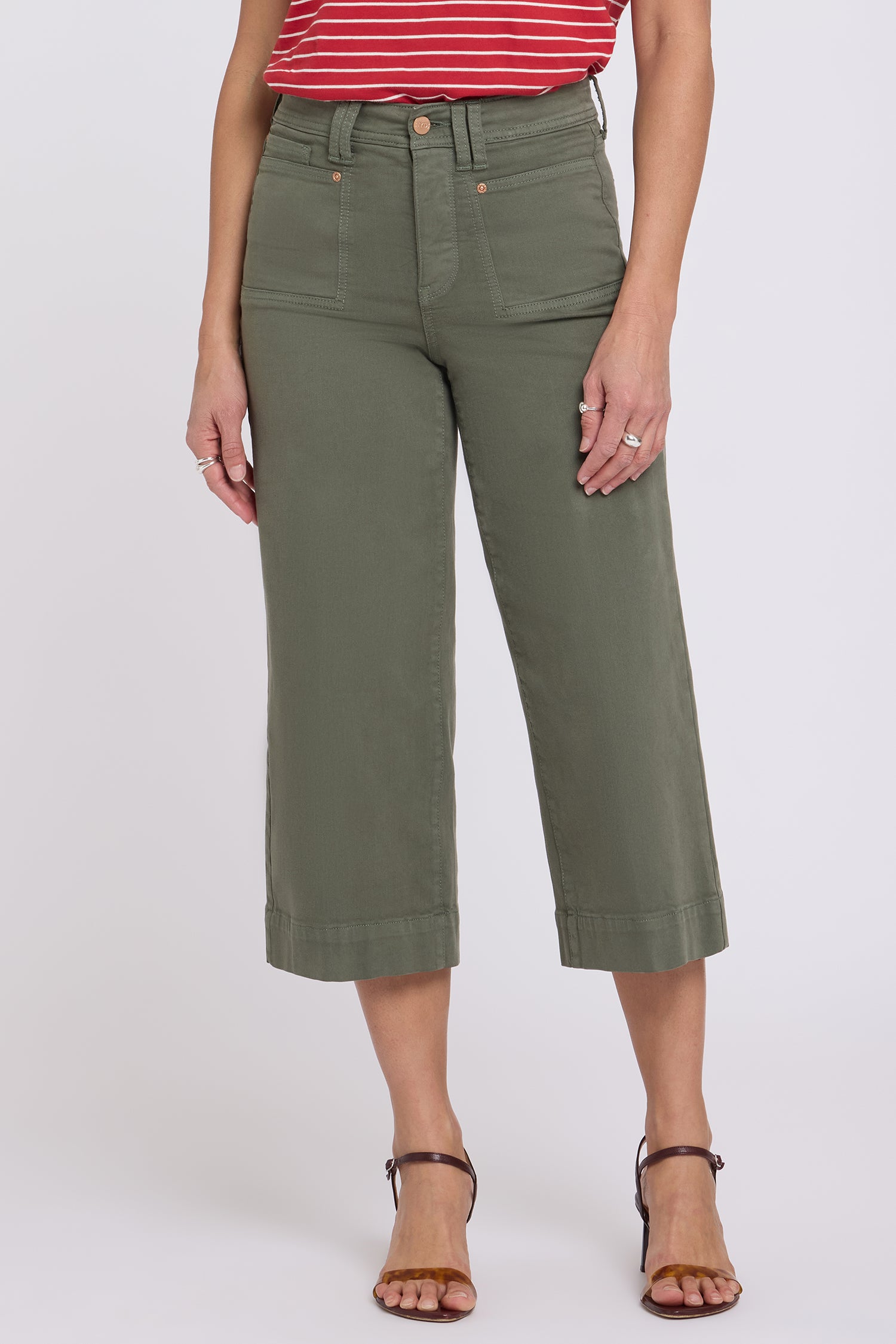 NYDJ Brigitte Wide Leg Capri Jeans With High Rise And Front Patch Pockets - Desert Green