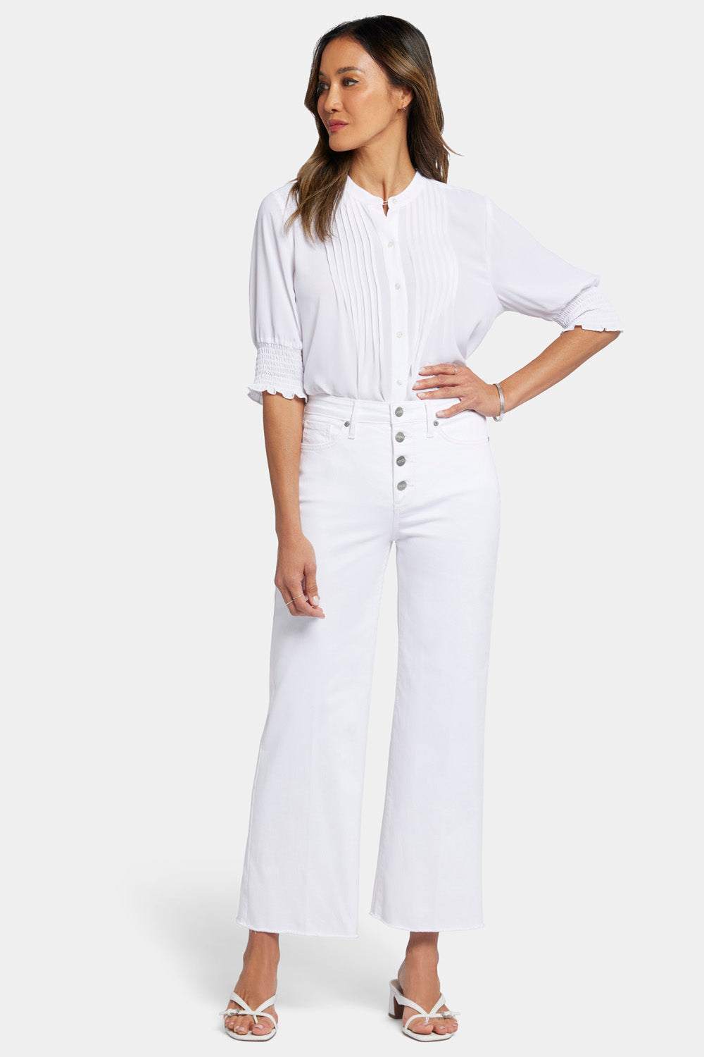 NYDJ Teresa Wide Leg Ankle Jeans With High Rise And Frayed Hems - Optic White